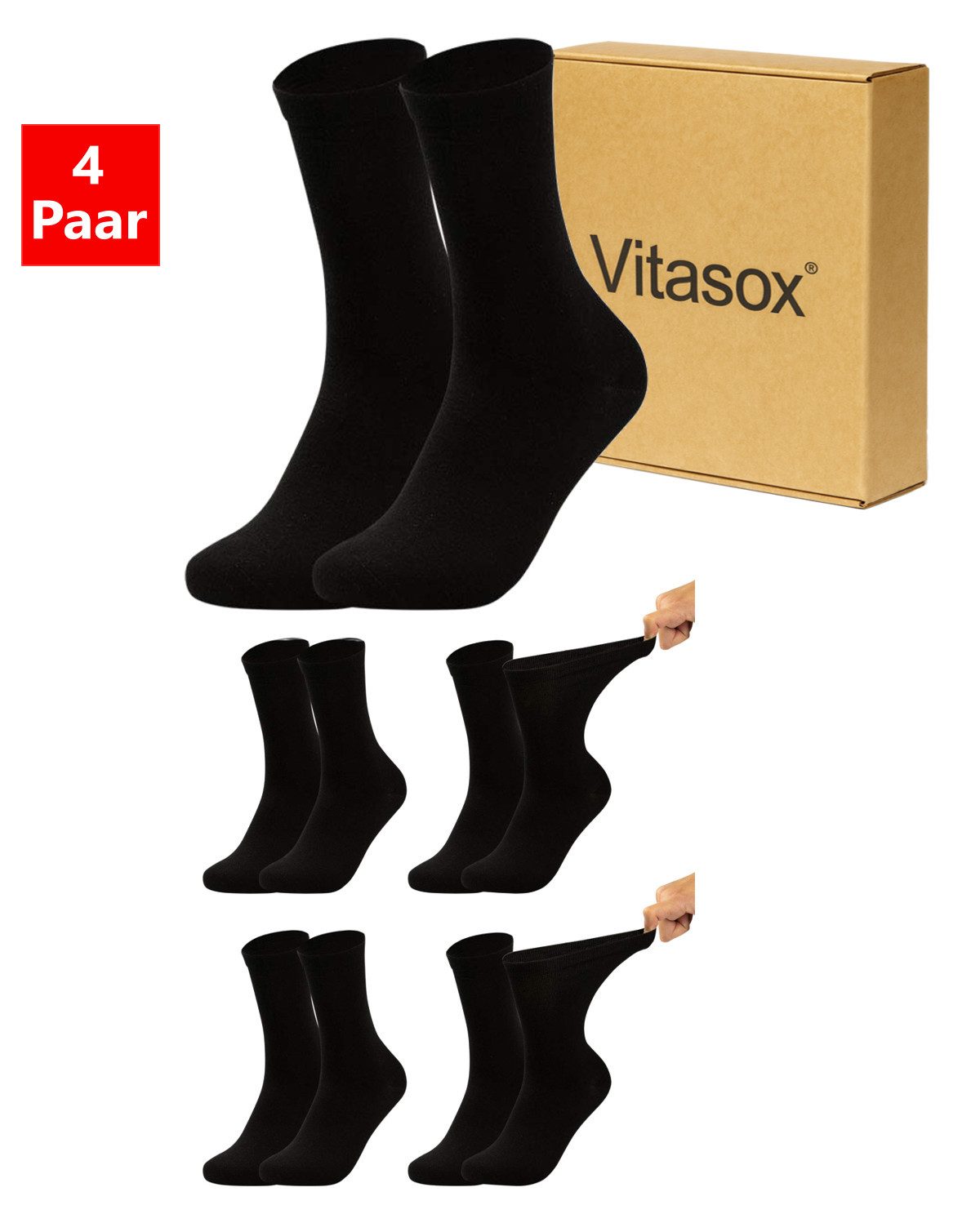Vitasox Diabetikersocken für Damen - aus Baumwolle ohne Gummi, ohne Einschneiden und Abdrücken (4-Paar) mit weichem und dehnbarem Komfortbund