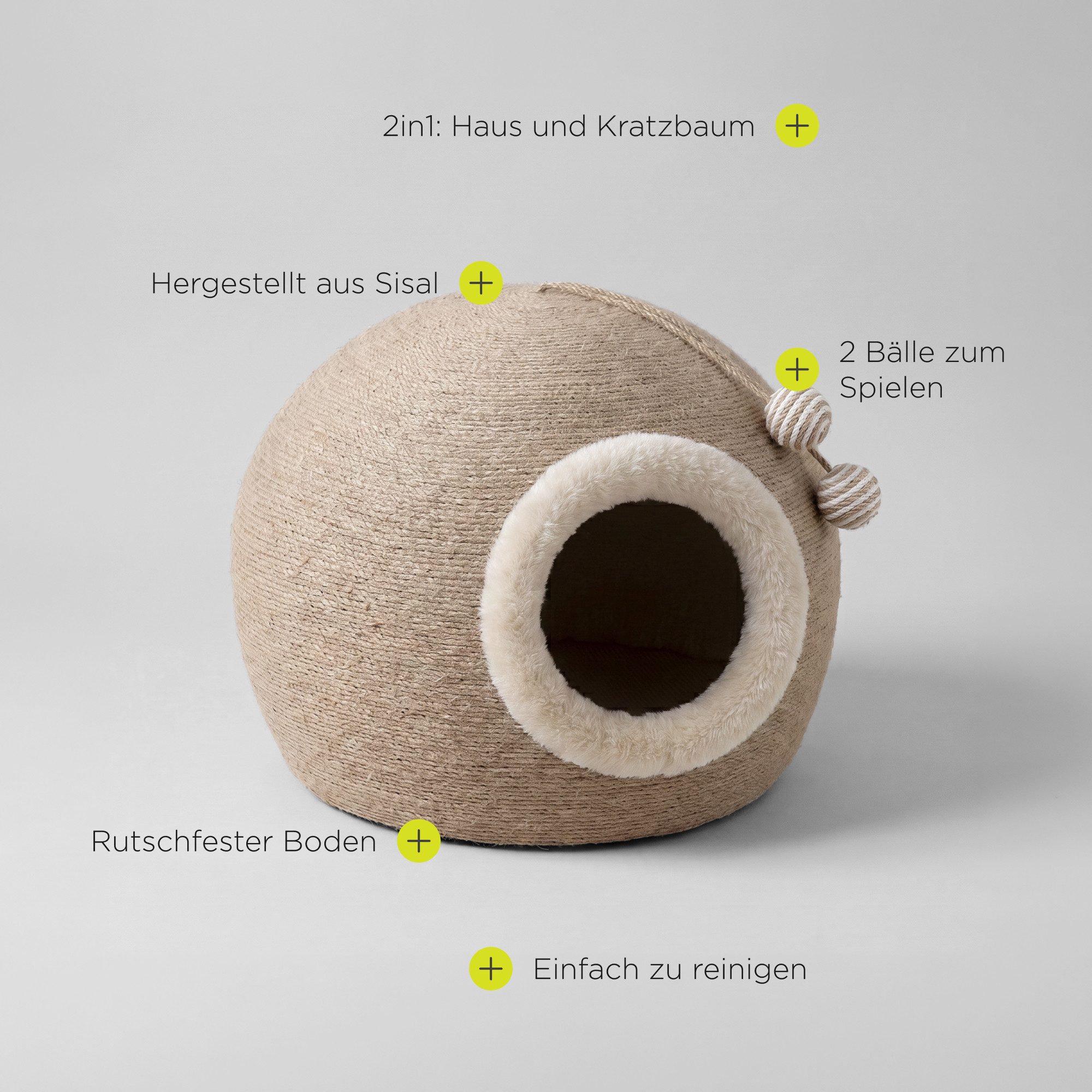 Peluvio Kratzbaum-Liegemulde FLURBY, Sisal/Katzenhöhle/2 Bälle/rutschfeste Basis