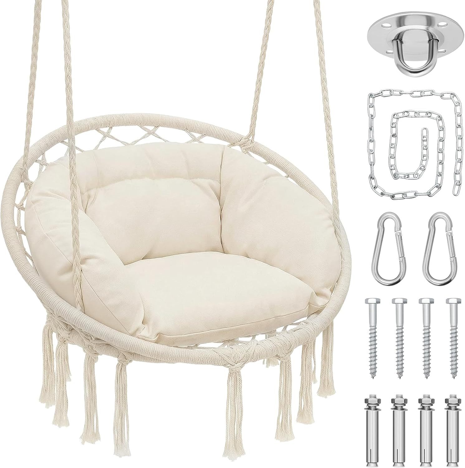 BlingBin Hängesessel Hängestuhl mit Kissen, S-Haken – Hängemattenstuhl (1 Stück, 1-St., Hängematte Indoor & Outdoor 81,3 x 63,5 x 111,8 cm), Übergroßer Schaukelstuhl für Wohn- Schlafzimmer Garten Terrasse