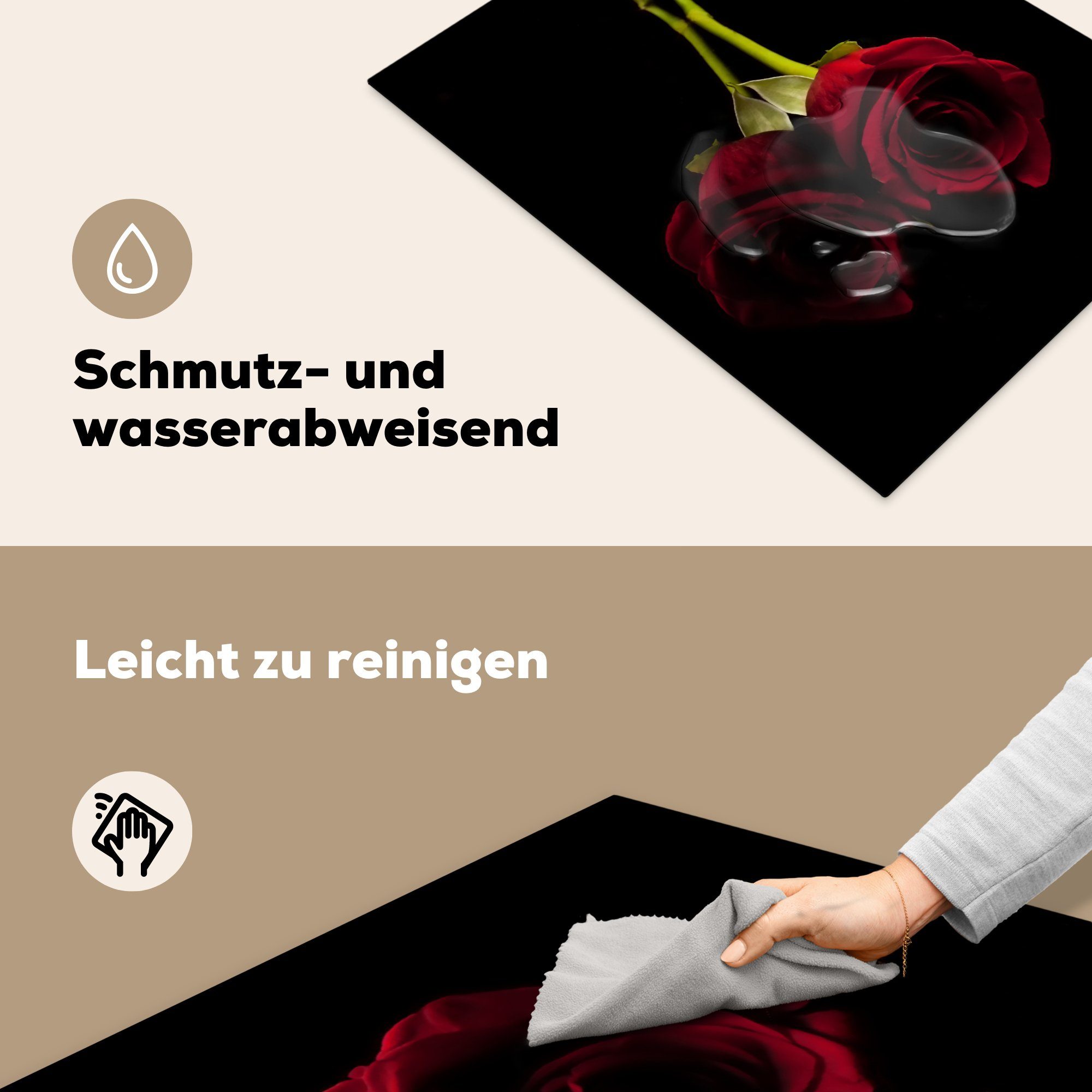 71x52 tlg), für - Induktionskochfeld Rosen Vinyl, Schutz Rot, - MuchoWow Herdblende-/Abdeckplatte Ceranfeldabdeckung cm, Schwarz die (1 küche,