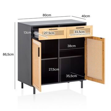 Wohnling Sideboard WL6.830 (80x86,5x40 cm Anrichte Schwarz, Schubladen), Kommode 2 Türen, Kommodenschrank Wiener Geflecht