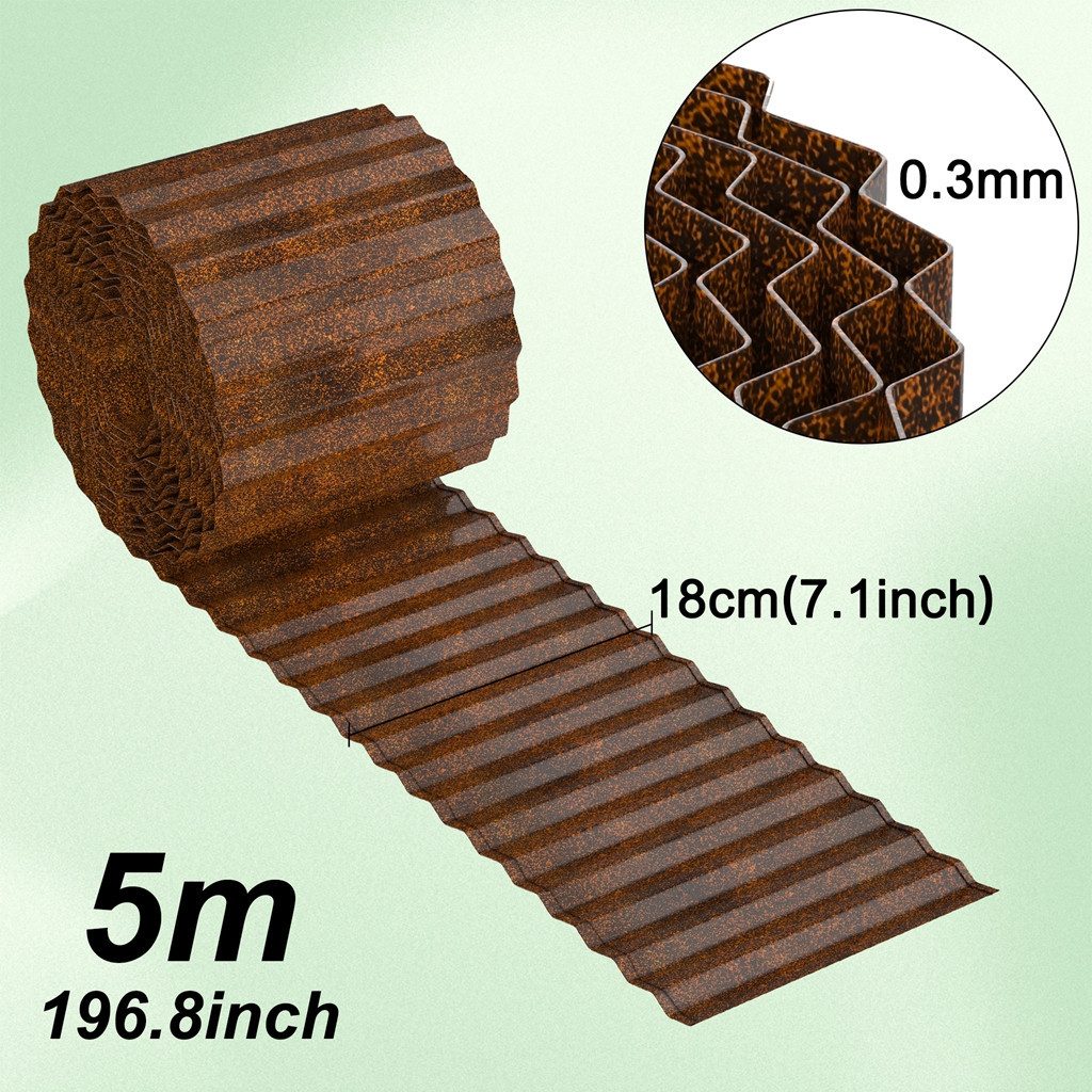 FIVMEN Beetumrandung Rasenkante 5m/10m Beetbegrenzung aus Metall, Rost, Verzinkt Rasenbleche Mähkante Flexible, 15/18cm Hoch, Wellig