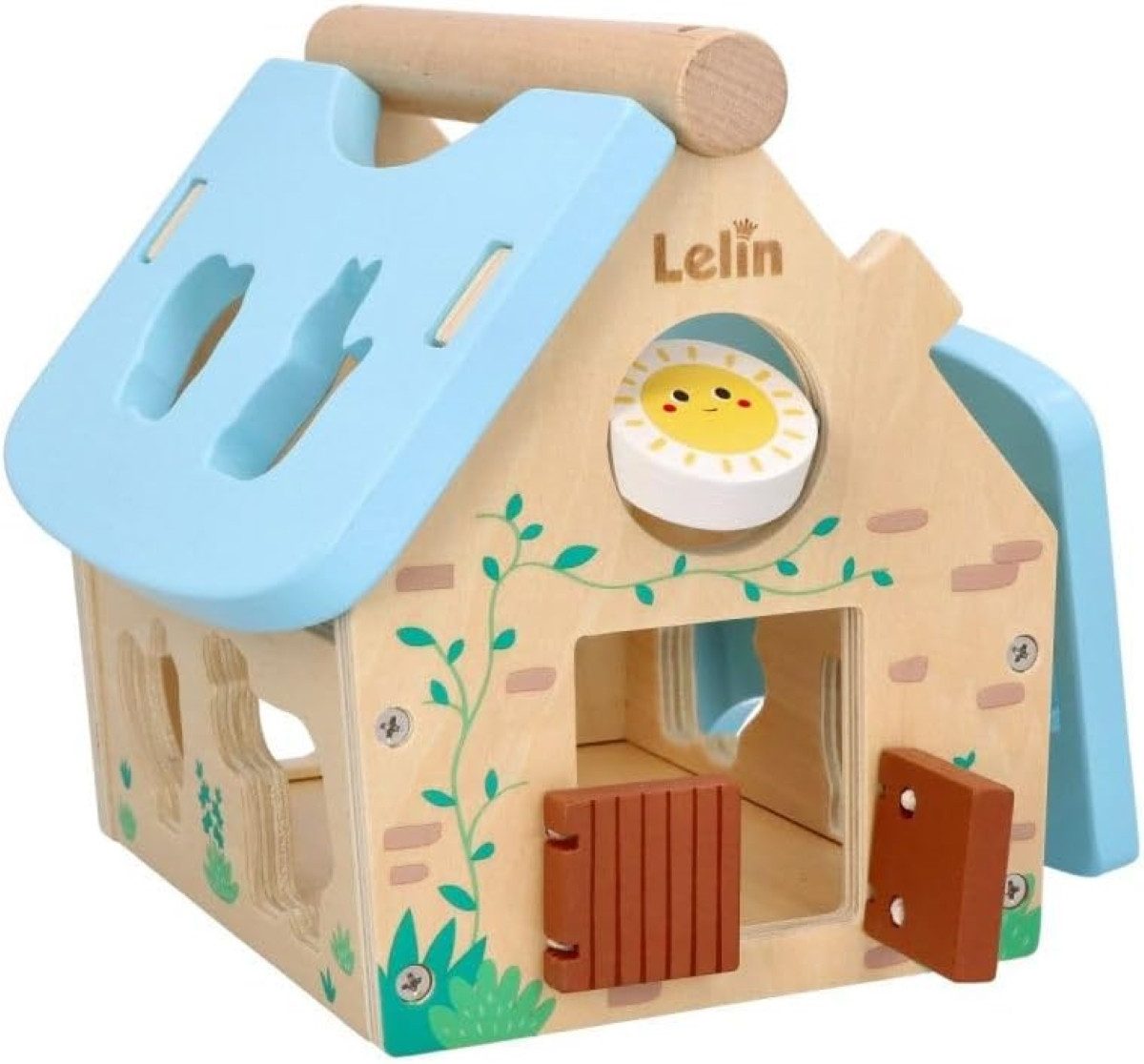 Lelin Lernspielzeug tragbares Holzhaus mit Tieren, Steckspiel mit Holzbausteinen, Klappbares Dach, Griff und Steckspiel – Bild 5 von 5