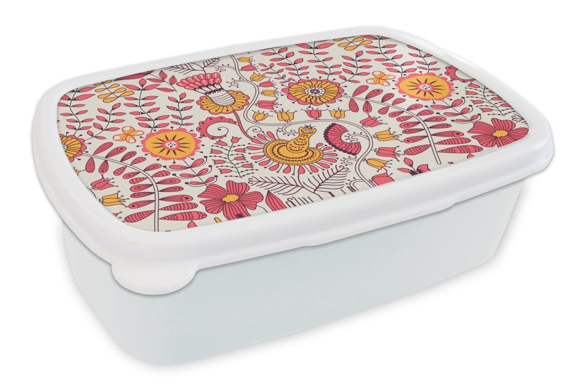 MuchoWow Lunchbox Blumen - Design - Rosa - Orange, Kunststoff, (2-tlg), Brotbox für Kinder und Erwachsene, Brotdose, für Jungs und Mädchen weiß
