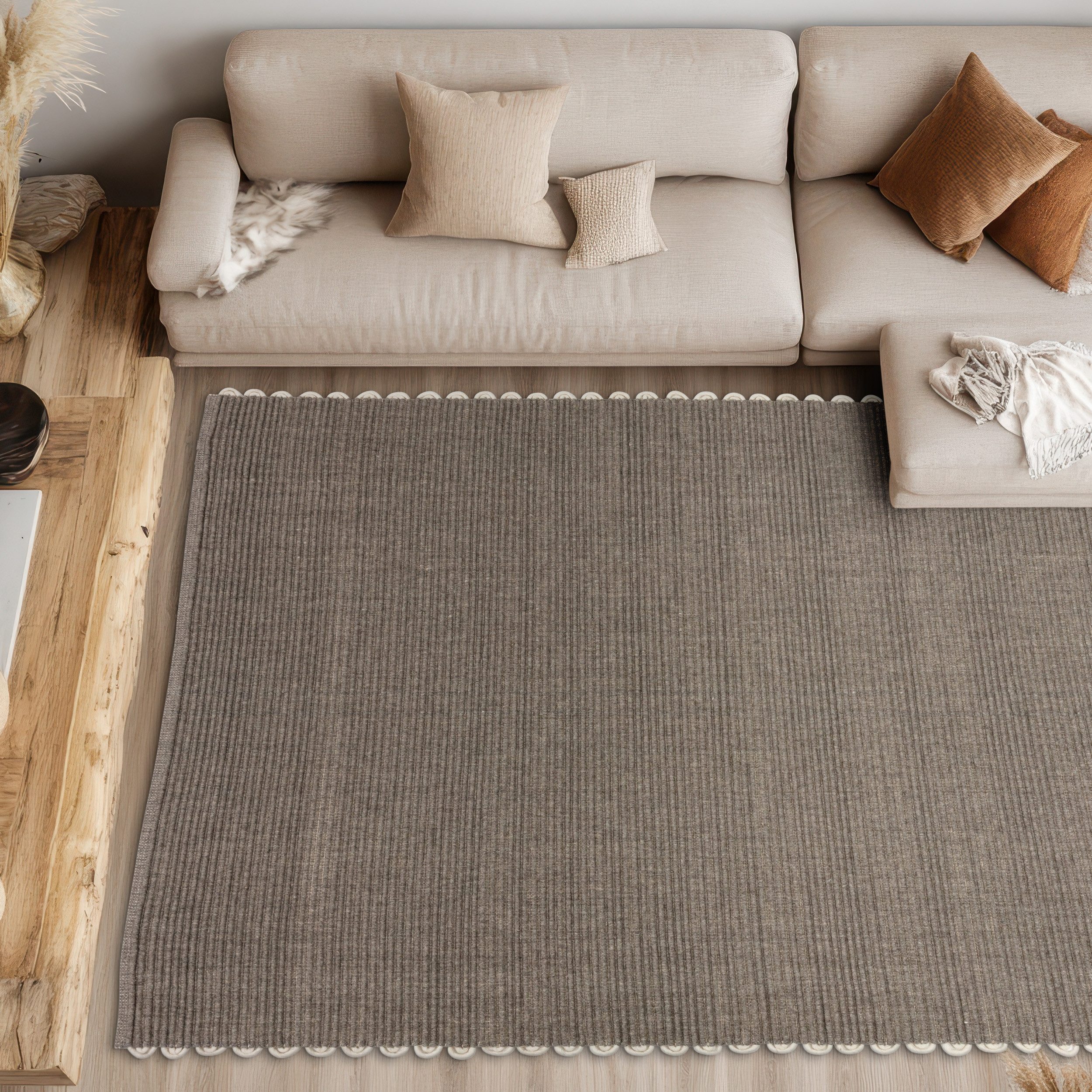 SCHÖNER WOHNEN-Kollektion Wollteppich Omira, rechteckig, Höhe: 7 mm, reine Wolle, Linien, dekorative Häkelkante, Wohnzimmer