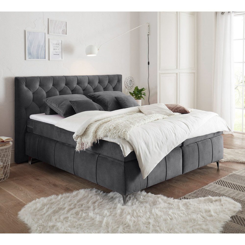 Lomadox Boxspringbett PETARE-09, Bett 180x200 cm anthrazit Härtegrad H2 inkl. Topper