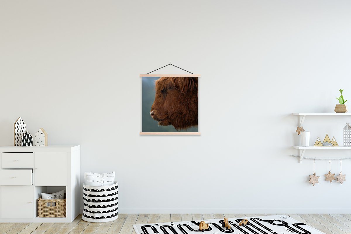 Poster - Tiere Magnetisch Wohnzimmer, Posterleiste, - St), MuchoWow (1 Nebel, für Bilderleiste, Textilposter Highlander Schottische