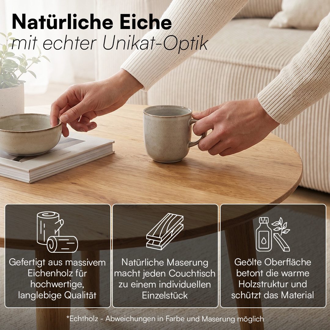 skølm Couchtisch Mjölnir aus Eiche Massivholz (Natur geölt), Wohnzimmertisch Ø70 cm, auch in oval erhältlich