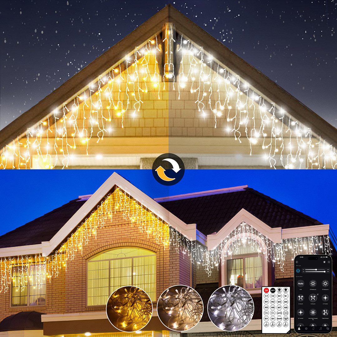 Circlio LED-Lichtervorhang 5-45m LED Eiszapfen-Lichterkette Außen mit App, Timer & Fernbedienung, 17 Modi, Musikmodus, Timer, IP65, Warmweiß/Kaltweiß/Bunt
