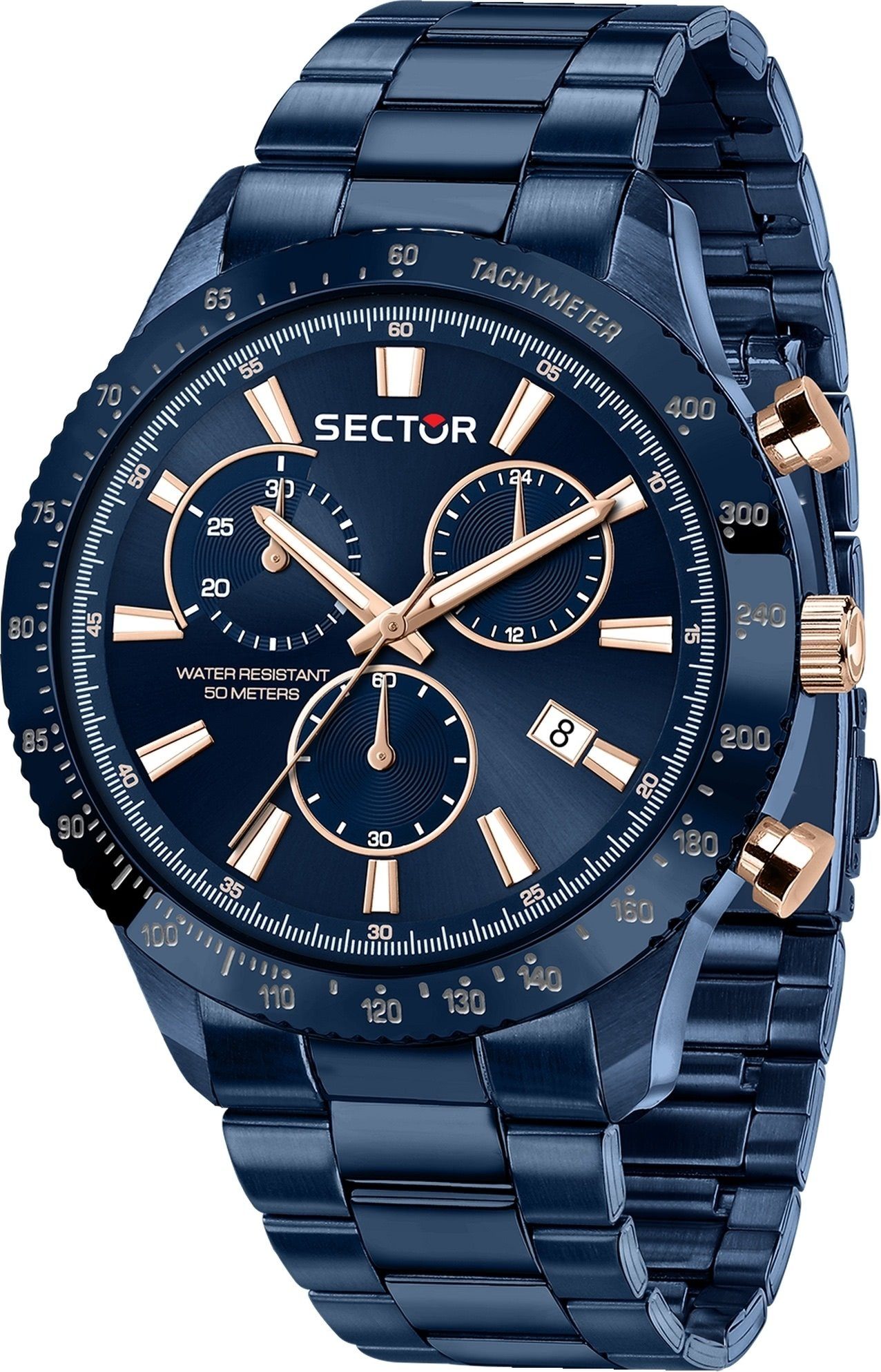 Sector Chronograph Sector Herren Armbanduhr Chrono, (Chronograph), Herren Armbanduhr rund, (ca. 43mm), Edelstahlarmband blau, Fashion