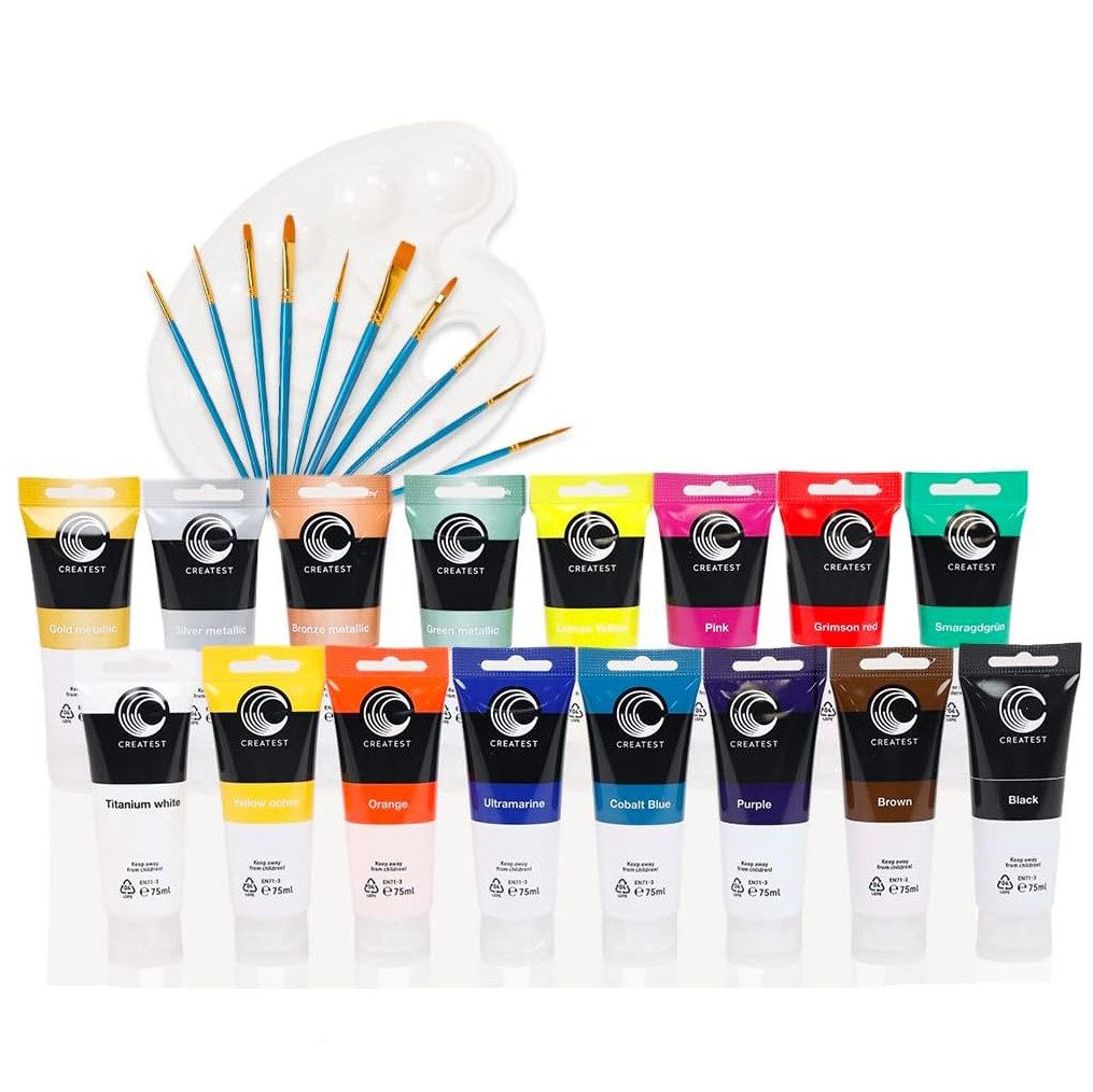 CREATEST Bastelfarbe Acrylfarben-Set 16x75 ml inkl. Pinsel & Mischpalette wasserfest, Für Leinwand, Holz & mehr ideal als Künstlerbedarf und Geschenkidee