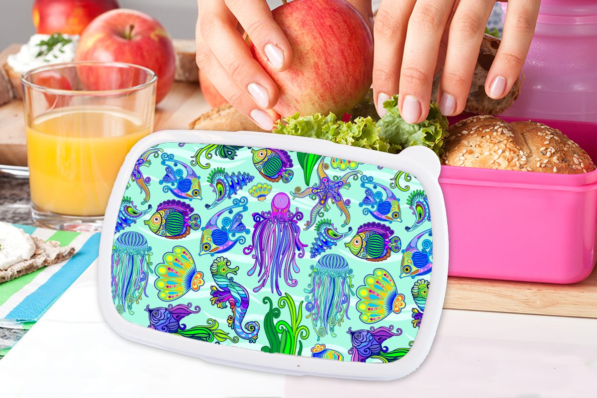 Kunststoff, Brotdose Erwachsene, Fische Kinder, für - Kunststoff Brotbox Mädchen, Muster, - rosa (2-tlg), Lunchbox Snackbox, Regenbogen Tiere MuchoWow -