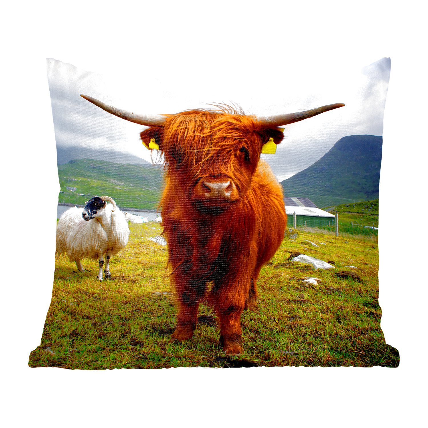 MuchoWow Dekokissen Schottischer Highlander - Leicht - Schaf, Zierkissen mit Füllung für Wohzimmer, Schlafzimmer, Deko, Sofakissen