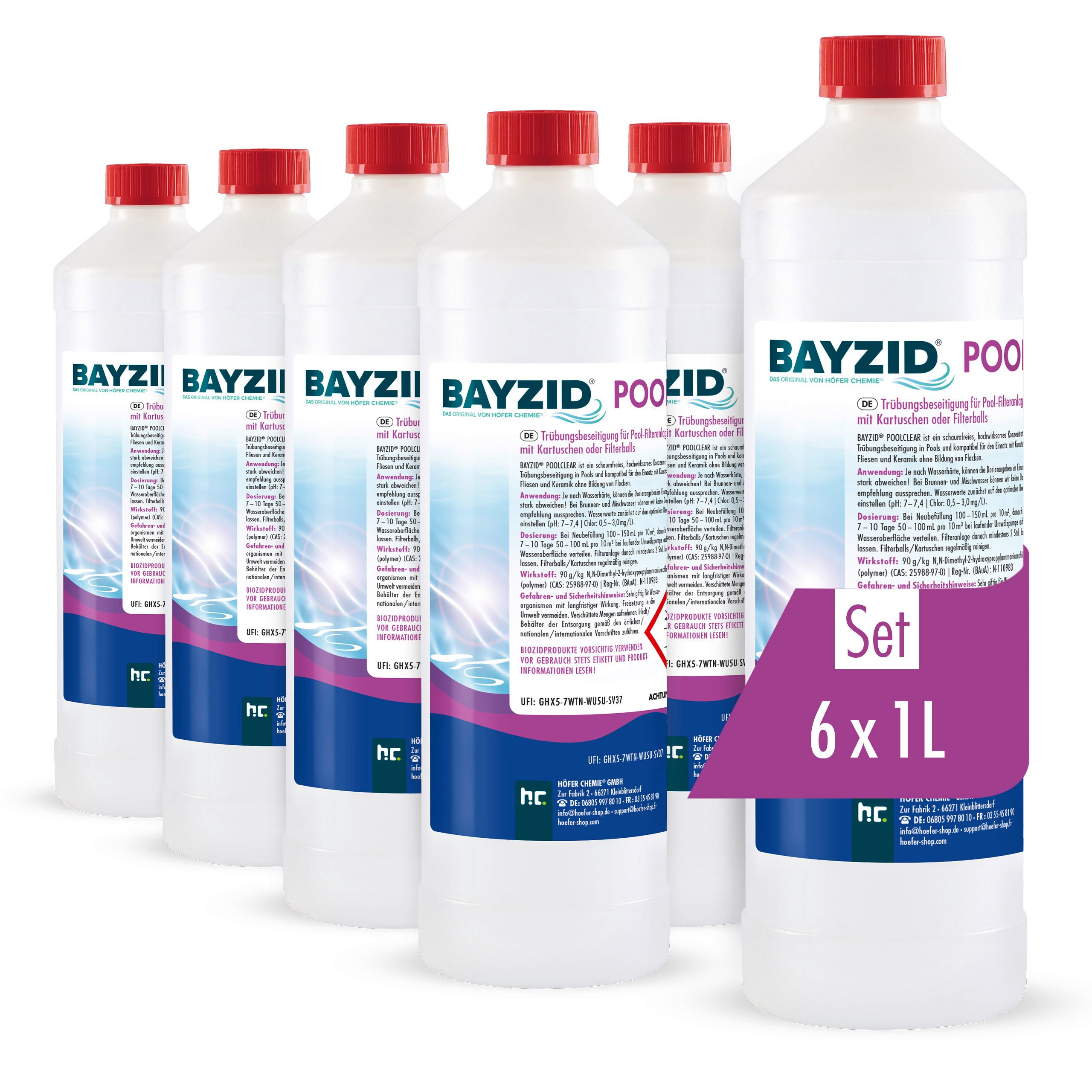 Höfer Chemie GmbH Poolpflege 6x 1 L BAYZID® Poolclear für Pool-Filter mit Kartuschen & Filterballs, Für klares und sauberes Wasser im Pool