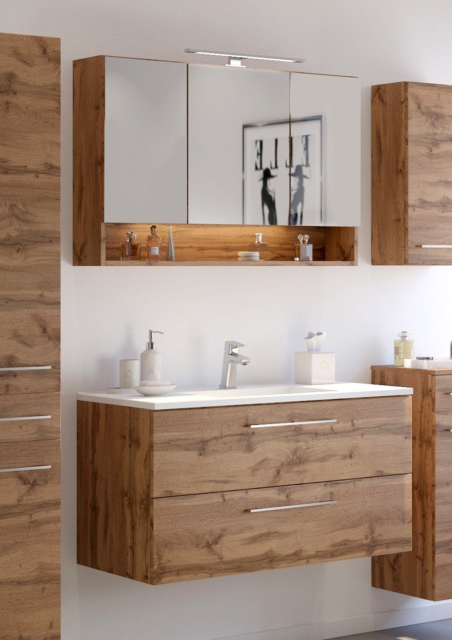 HELD MÖBEL Badmöbel-Set Waschtisch-Set Livorno 100 cm Wotaneiche/Wotaneiche