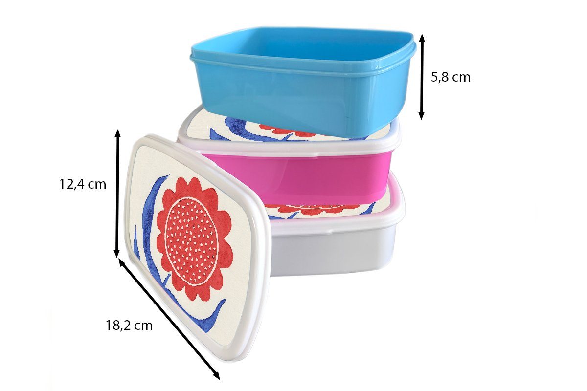 MuchoWow Lunchbox Brotdose, Pflanze für Brotbox und weiß Jungs für und Blau, (2-tlg), - Kunststoff, Erwachsene, - - Blume Kinder Mädchen Rot
