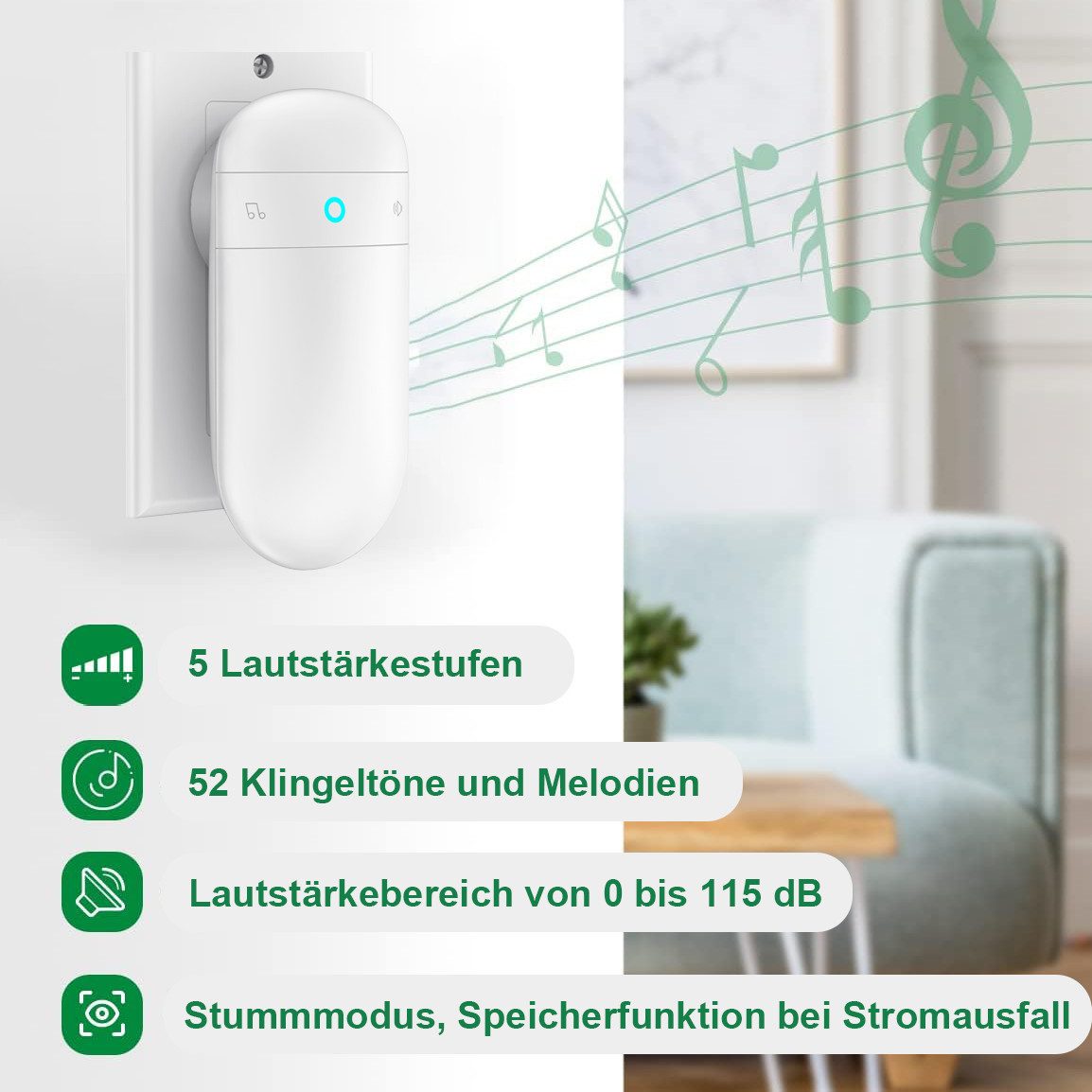 Forrlite Türklingel Funkklingel, Kabellose Türklingel, Klingel Für Haustür, Batterielos (Plug & Play, 100m Reichweite, 52 Melodien auf 5 Stufen Volumes mit LED Anzeige), IPX4 wasserdicht, für Haus, Büro, Hotel, Villa, Wohnung