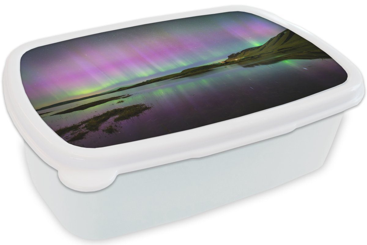 MuchoWow Lunchbox (2-tlg), - für Brotbox und Violett, Brotdose, Island und Kinder - weiß Jungs Nordlichter Kunststoff, Erwachsene, Mädchen für