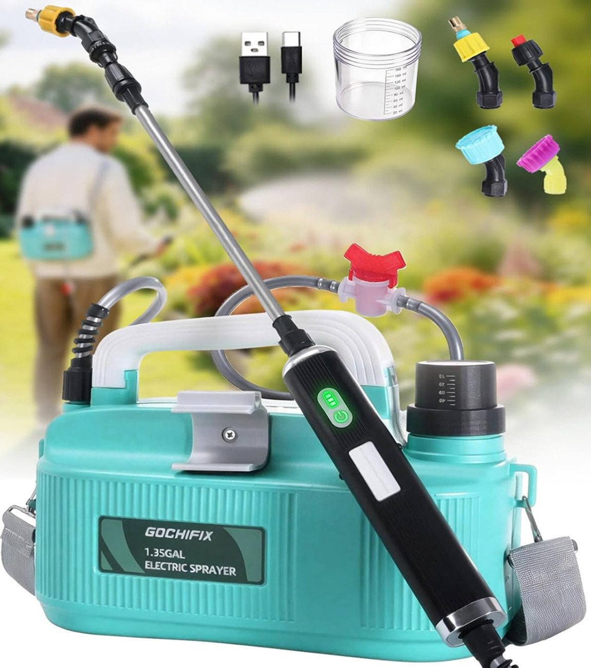 AUDEW Drucksprühgerät 5L Elektrisches Gartensprühgerät mit 4 verstellbaren Sprühdüsen, Akku-Drucksprühgerät mit 6 Sprühmodi, Schultergurt für Pflanzen, Rasen