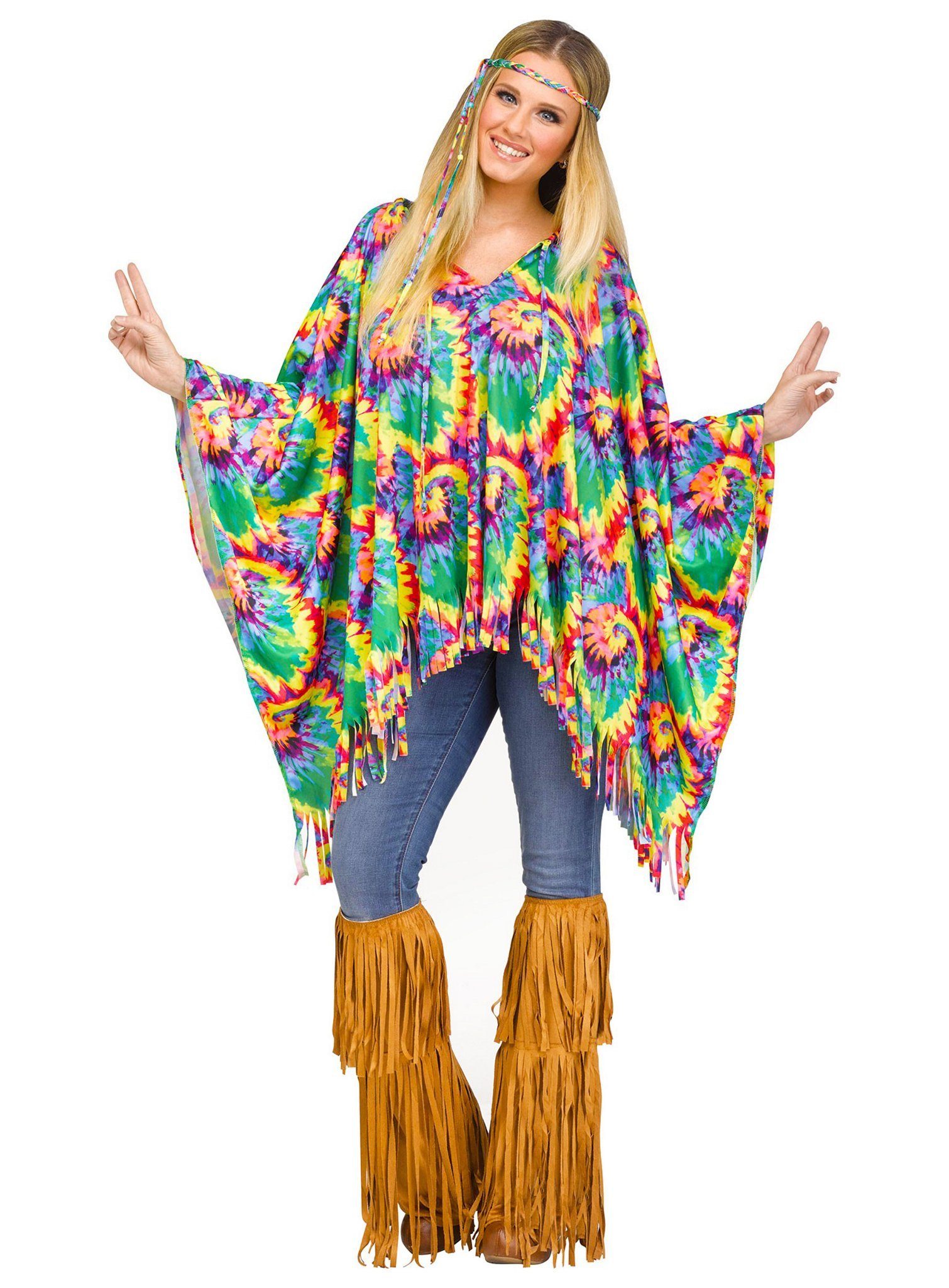 Fun World Hippie-Kostüm Hippie Batik Poncho - Kostümteil Fasching Karneval, Weiter Poncho mit Fransen und psychedelischem Aufdruck
