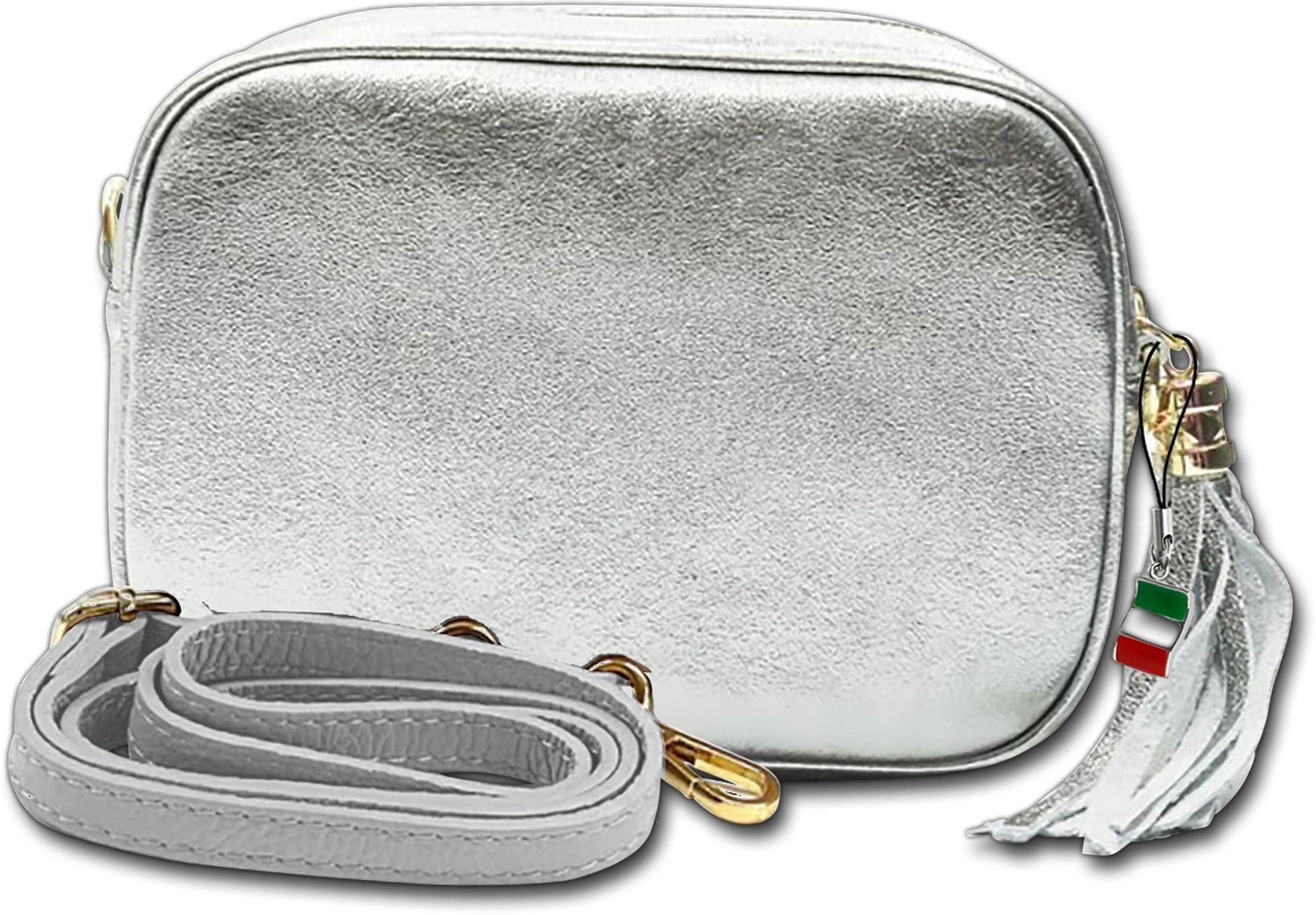FLORENCE Umhängetasche Florence Umhängetasche Damen Tasche (Umhängetasche, Umhängetasche), Damen Tasche Echtes Leder silber metallic, Made-In Italy
