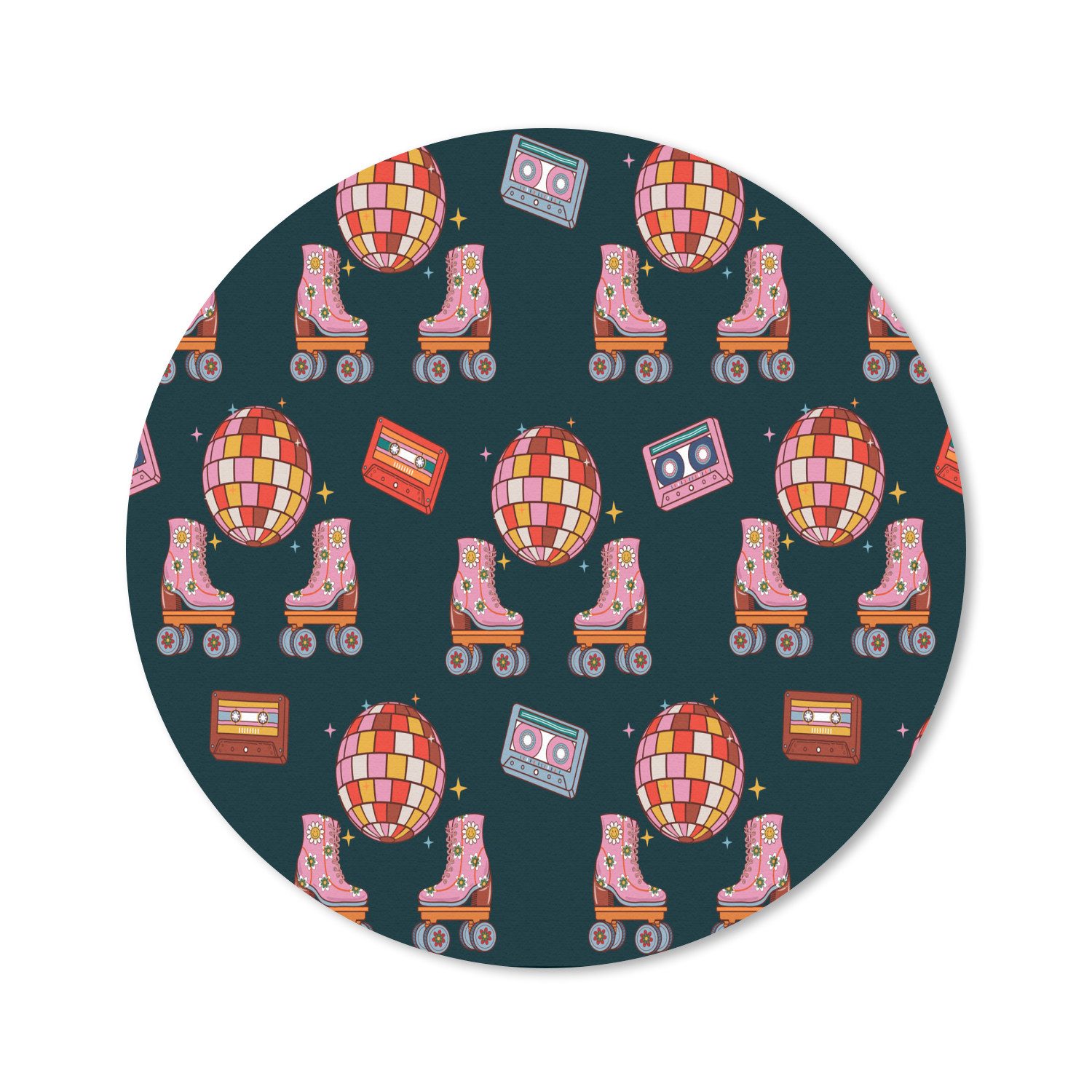 MuchoWow Mauspad Rollerskates - Muster - Disco (1-St), Mousepad mit Rutschfester Unterseite, Gaming, Rund, 40x40 cm