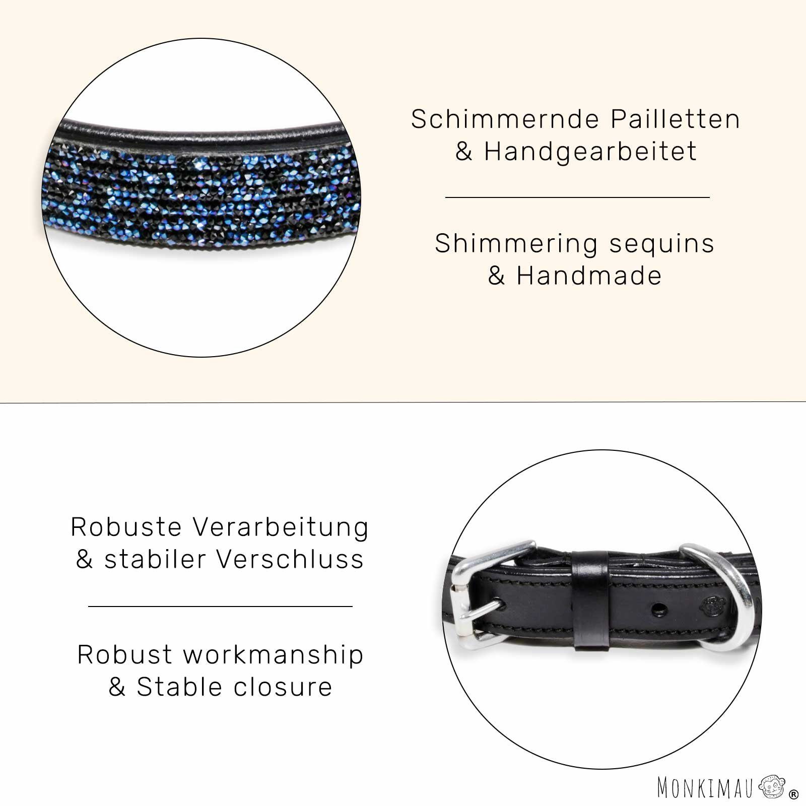 Monkimau Hunde-Halsband Hundehalsband Leder Halsband Hund schwarz mit blauen Pailletten S-XS, Leder