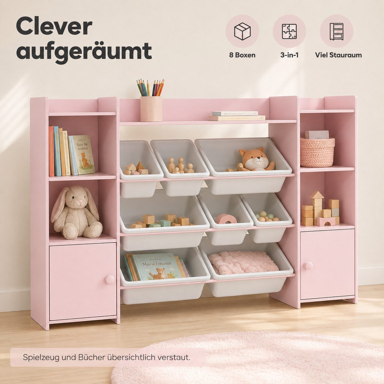 MIBODE Kinderregal Kinder-Aufbewahrungsregal mit 8 Boxen für Spielzeug Rosa, Einzelartikel, 8 Boxen, DIY-Aufkleber, abgerundete Ecken, kinderfreundlich