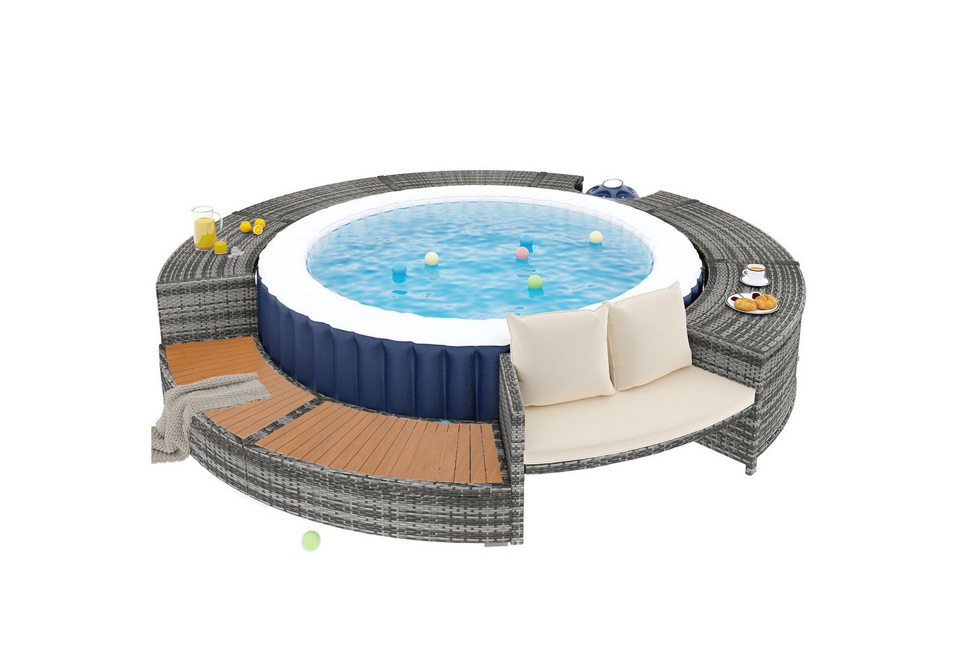 Thumbnail - BlingBin Whirlpool Balkonset, (1-tlg., PE-graues Rattan und Akazienholz), mit verstellbaren Füßen, inklusive Kissen, mit...