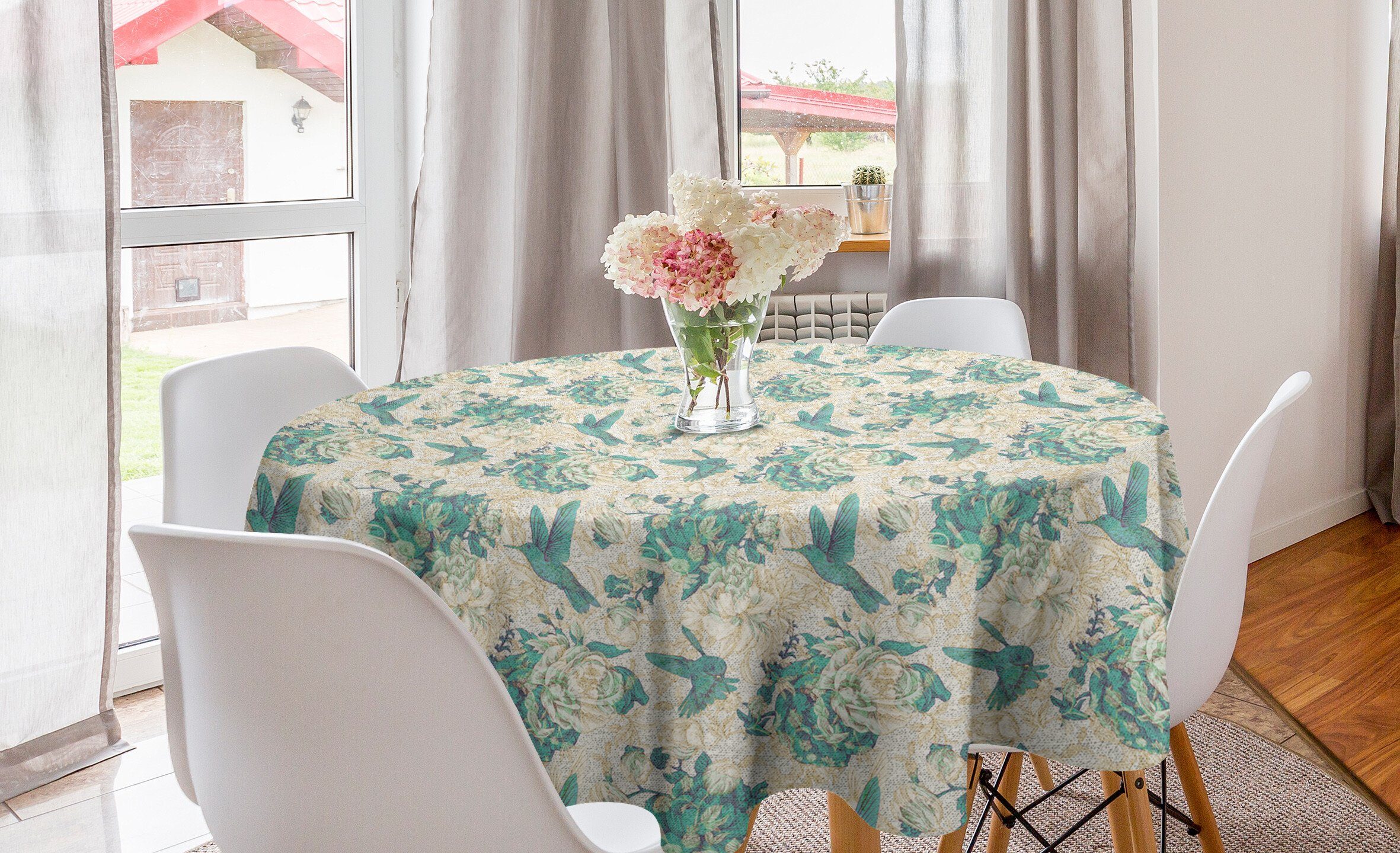 Abakuhaus Tischdecke Kreis Tischdecke Abdeckung für Esszimmer Küche Dekoration, Vintage Rose Grunge Vogel und Blätter