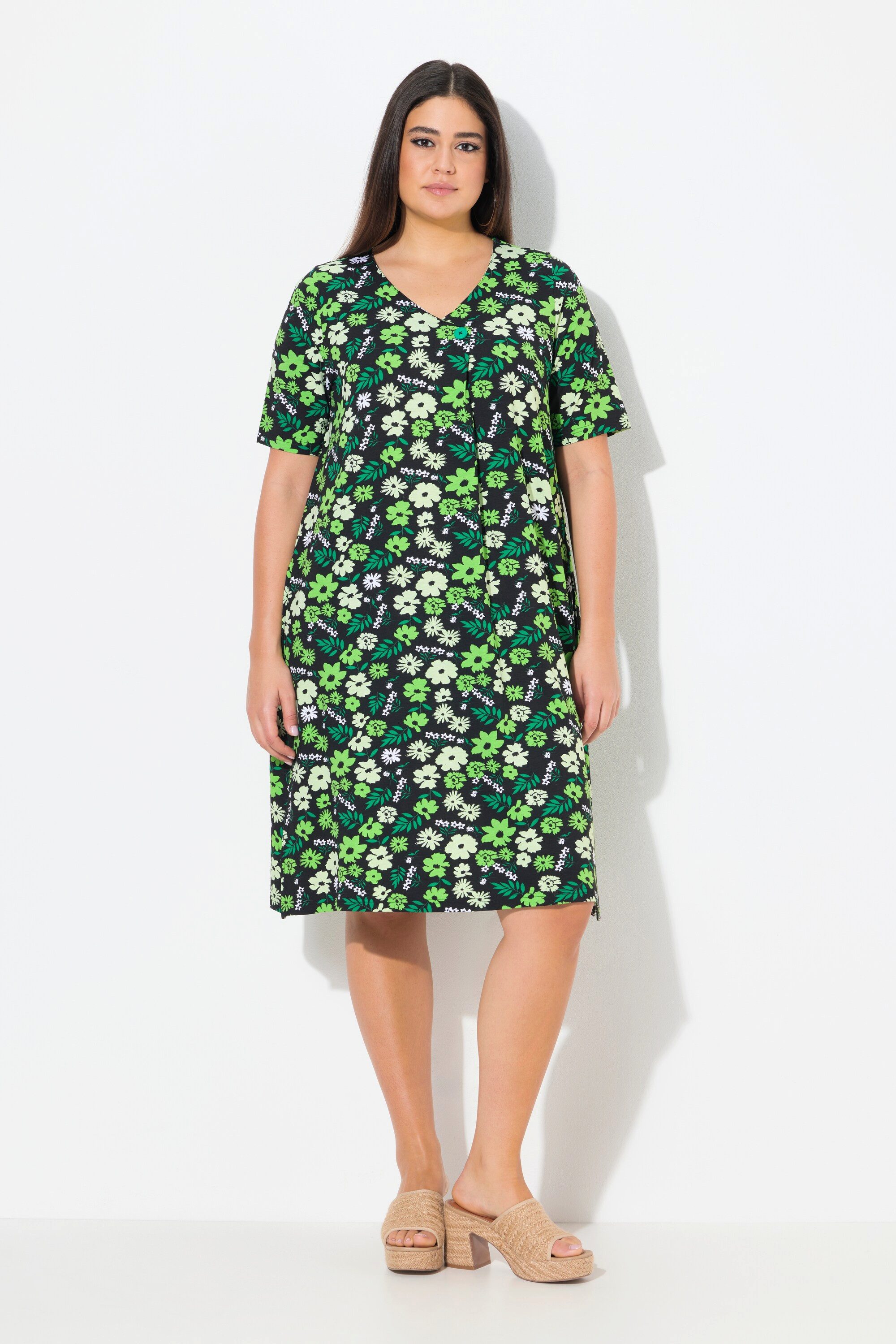 Jerseykleid Jerseykleid Blüten A-Linie V-Ausschnitt Halbarm