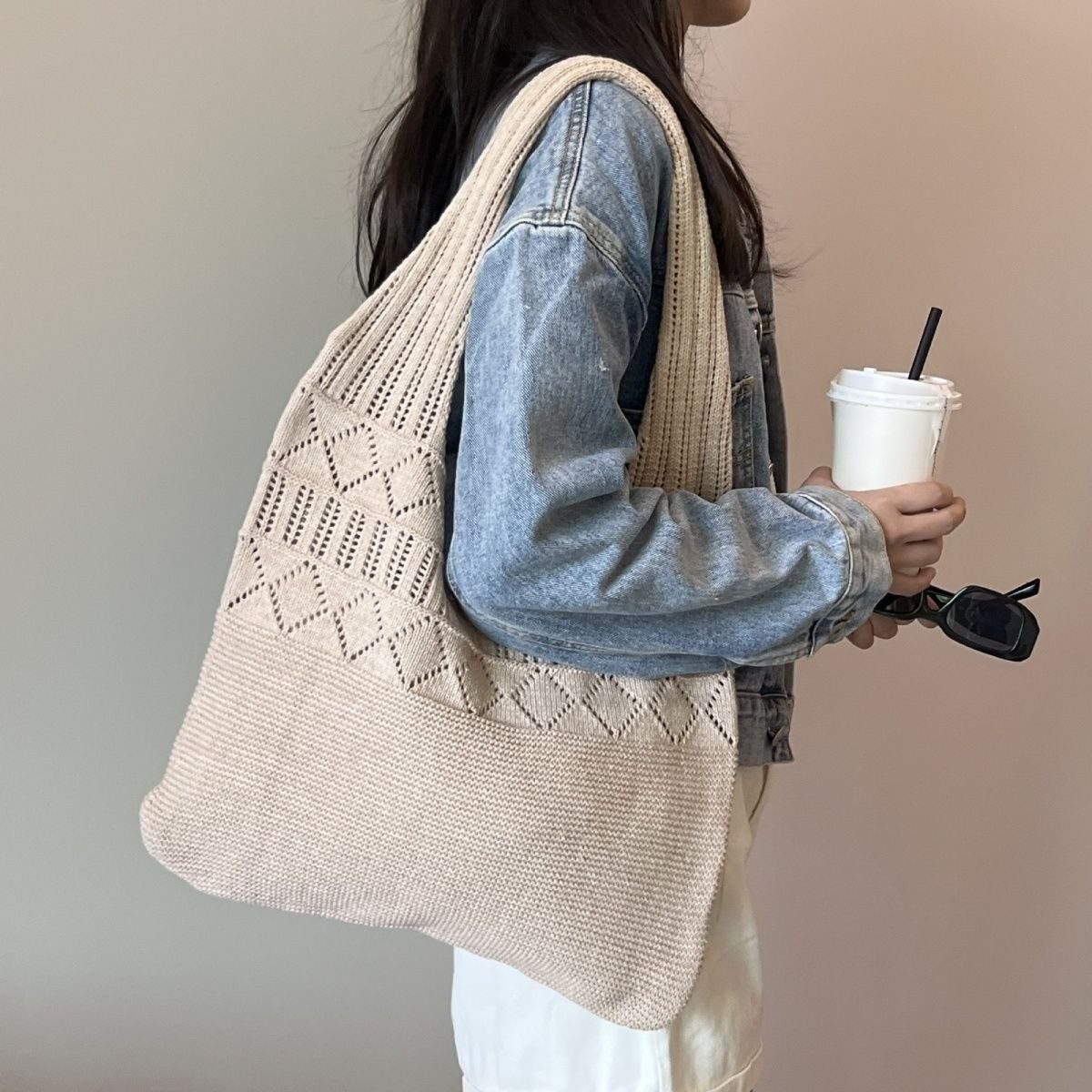 Diwzbyn Schultertasche Häkeltaschen,Sommer Strand Mesh Tragetasche Damen Boho Umhängetasche (Einkaufstasche Lässige Reisetaschen Tasche faltbar Hobo Taschen), f – Bild 2 von 5