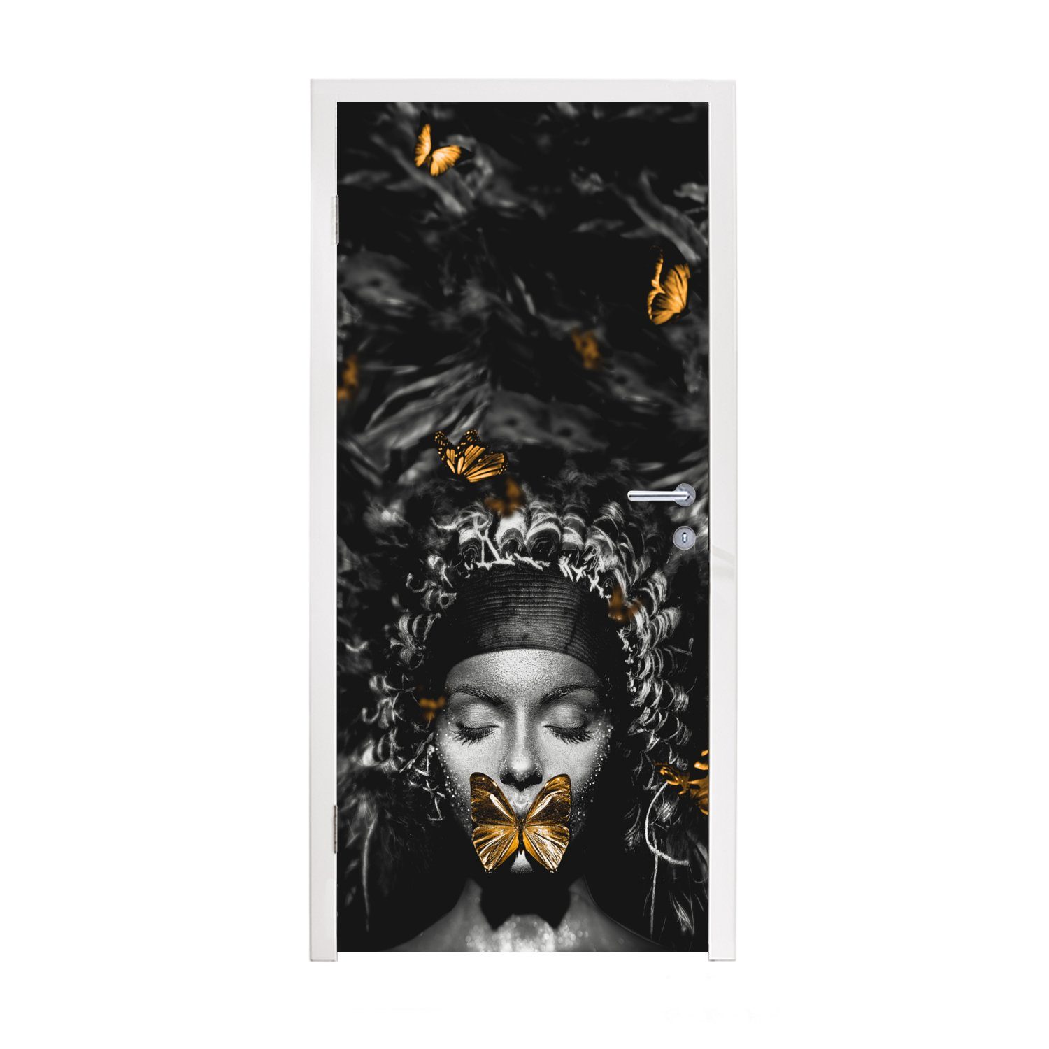 MuchoWow Türtapete Frau - Schmetterlinge Tür, für - Türaufkleber, - Matt, Weiß, bedruckt, (1 St), Fototapete Schwarz 75x205 cm