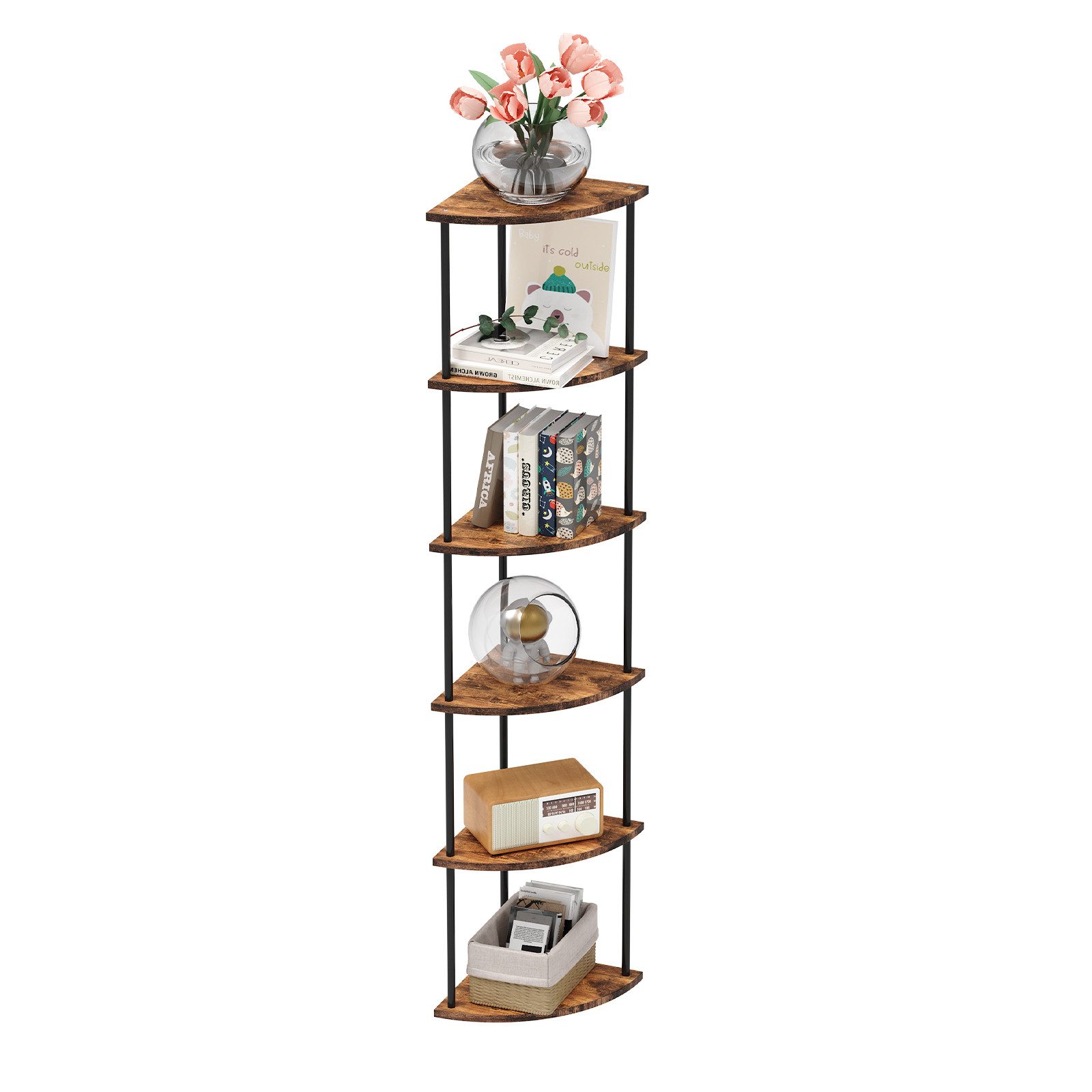 JEOBEST Eckregal Bücherregal mit 6 Ebenen, Aufbewahrungsregal, Pflanzenregal, H: 154cm, Industrial-Design, mit Stahlrahmen