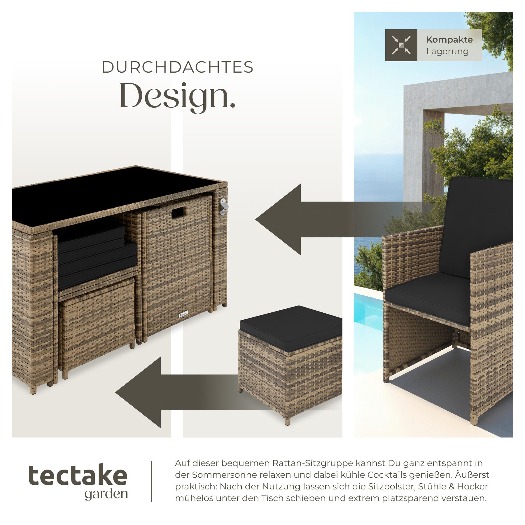 tectake Sitzgruppe Gartenmöbel Set aus Polyrattan für 2-4 Personen, UV-beständig, (Balkonmöbel Palermo, 5-tlg., in Natur), Tisch mit Sicherheitsglasplatte und p – Bild 4 von 5