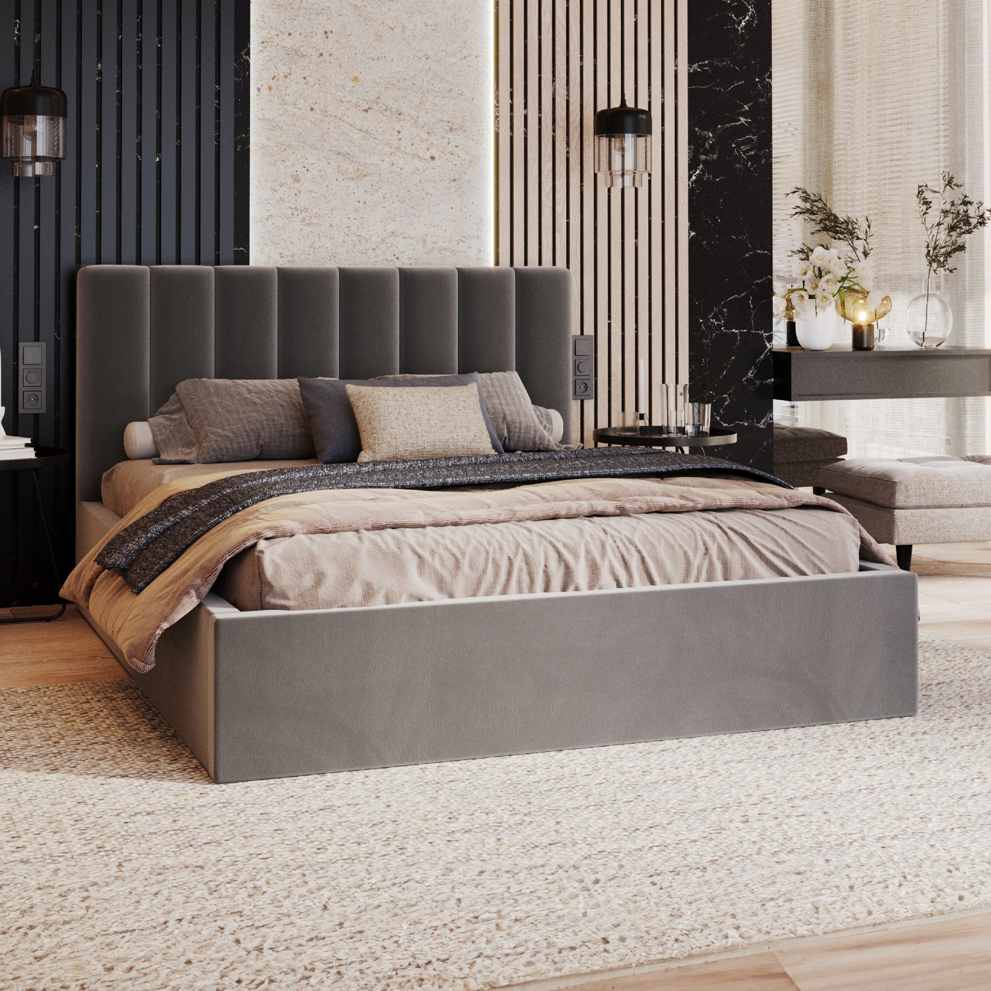 FDM Polsterbett OSKAR modern mit Bettkasten MADE IN EU - mit Trinity Velours Bezug (verfügbar 90x200 120x200 140x200 160x200 180x200cm, Bettrahmen, Bett, mit großen gepolsterten Kopfteil, mit Bettkasten zum aufklappen), Hebbarer Metallrahmen, Bettkasten, mit/ohne Matratze