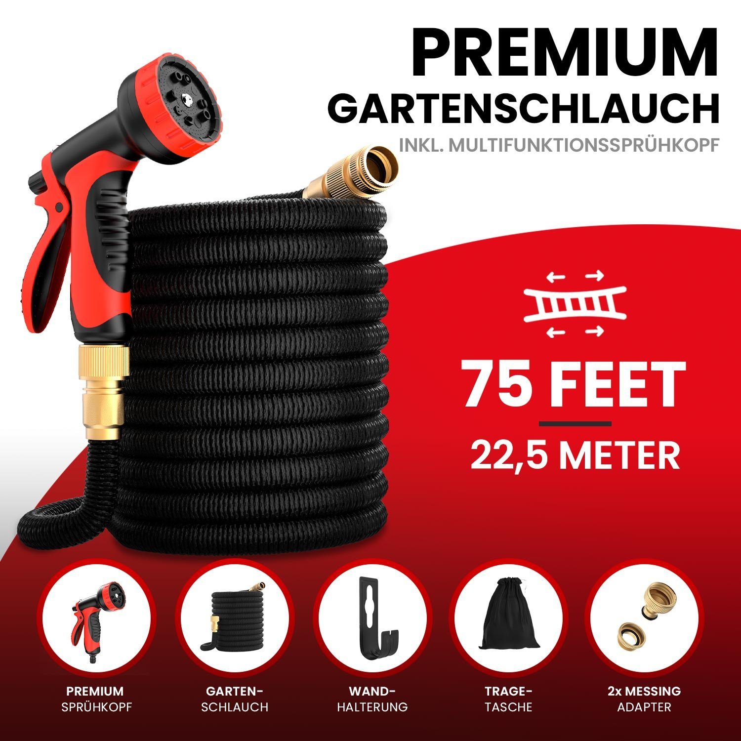 GENTOR Gartenschlauch Premium Flexibler Gartenschlauch flexibel Wasserschlauch 10 Funktionen, Wasserschlauch mit Halterung, 1/2 Zoll & 3/4 Zoll Adapter, (Wasserschlauch Set, 1 St), Flexibler Gartenschlauch 30 Meter