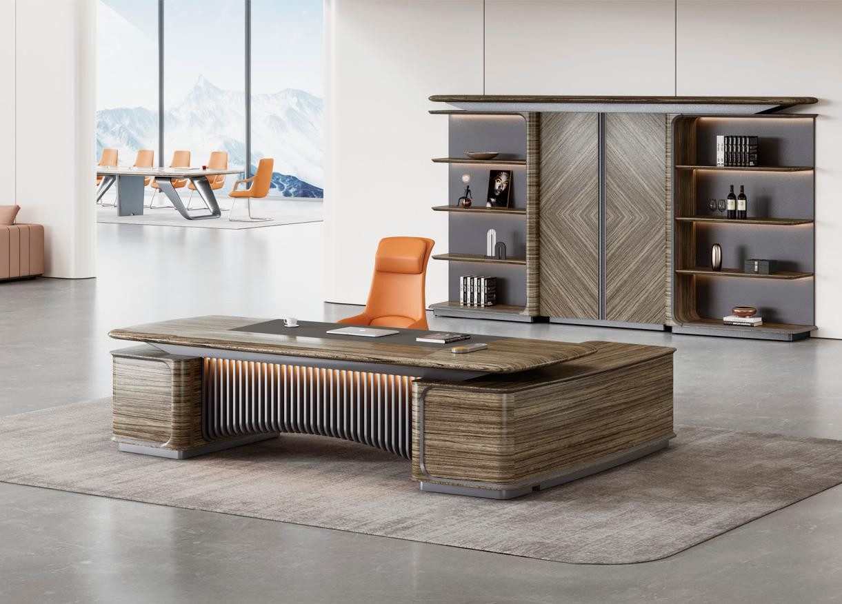 Büromöbel-Set Designer-Eckschreibtisch aus Holz mit Büroschrank in modernem Design