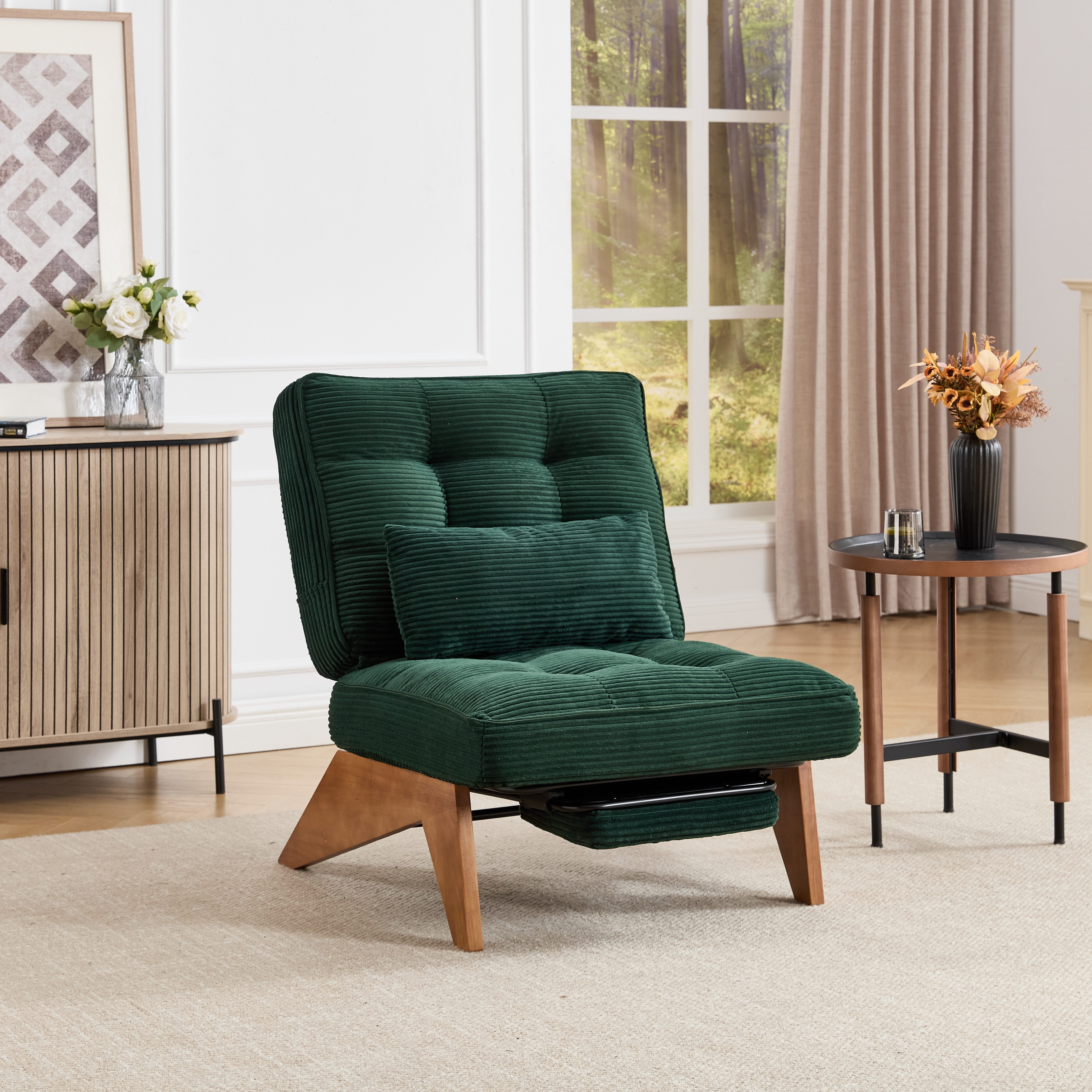 MODFU Loungesessel Relaxsessel aus Kord (Polsterstuhl mit Holzbeinen & Lendenkissen, verstellbare Rückenlehne), mit Lendenkissen und Holzbeinen