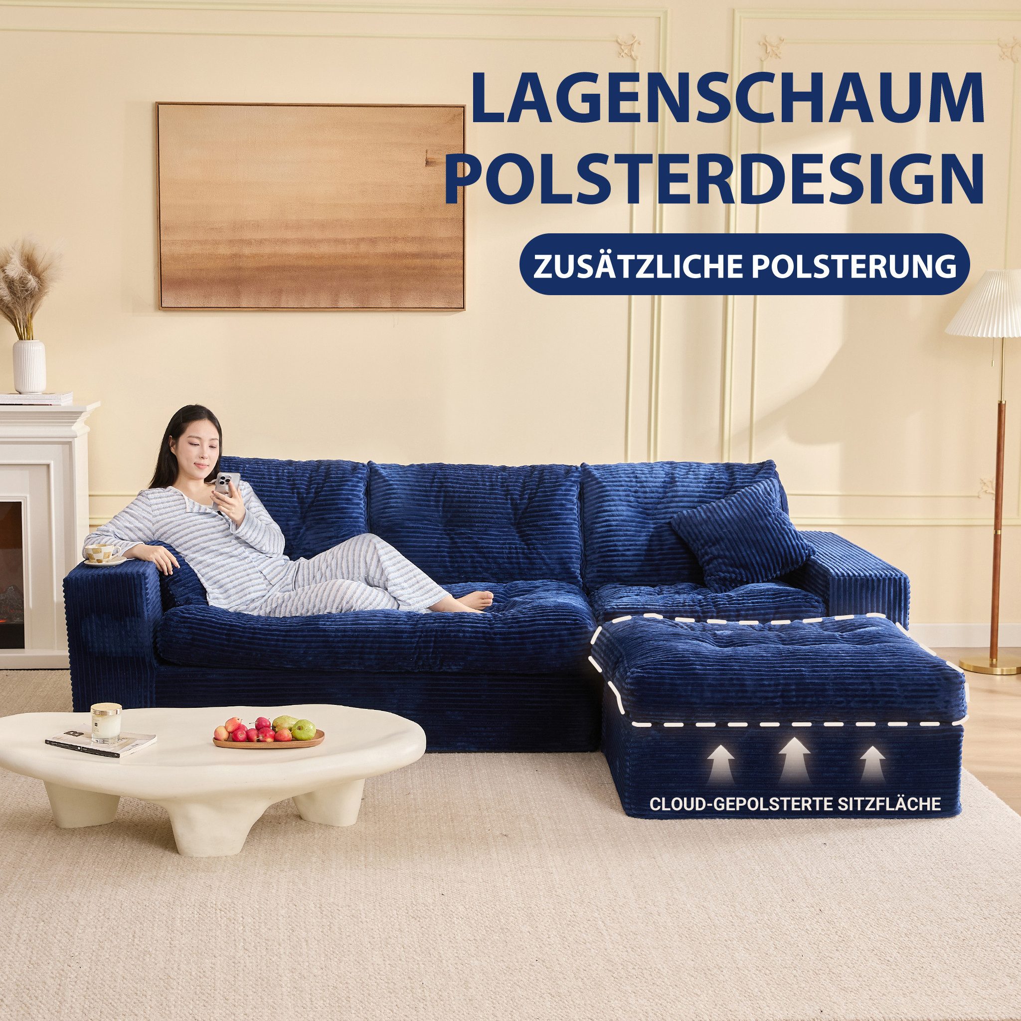 LITBIRD Ecksofa 3-Sitzer Sofa mit Marshmallow-Softpolster & Modulares Recamiere Sofa, 1 Teile, Cordstoff Schlafsofa & Relaxsofa, Wohnzimmer Sofa