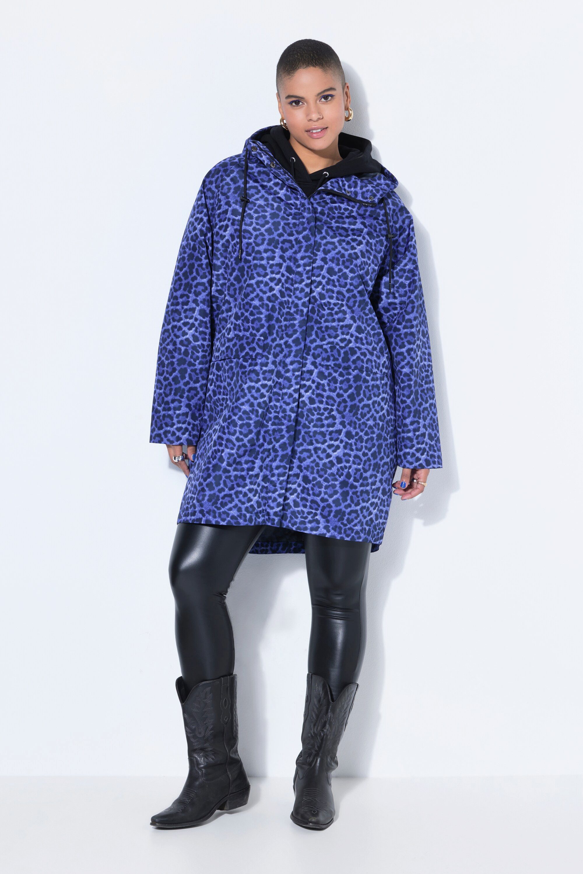 Studio Untold Wintermantel Regenmantel wasserdicht Leo Print Kapuze Zipper