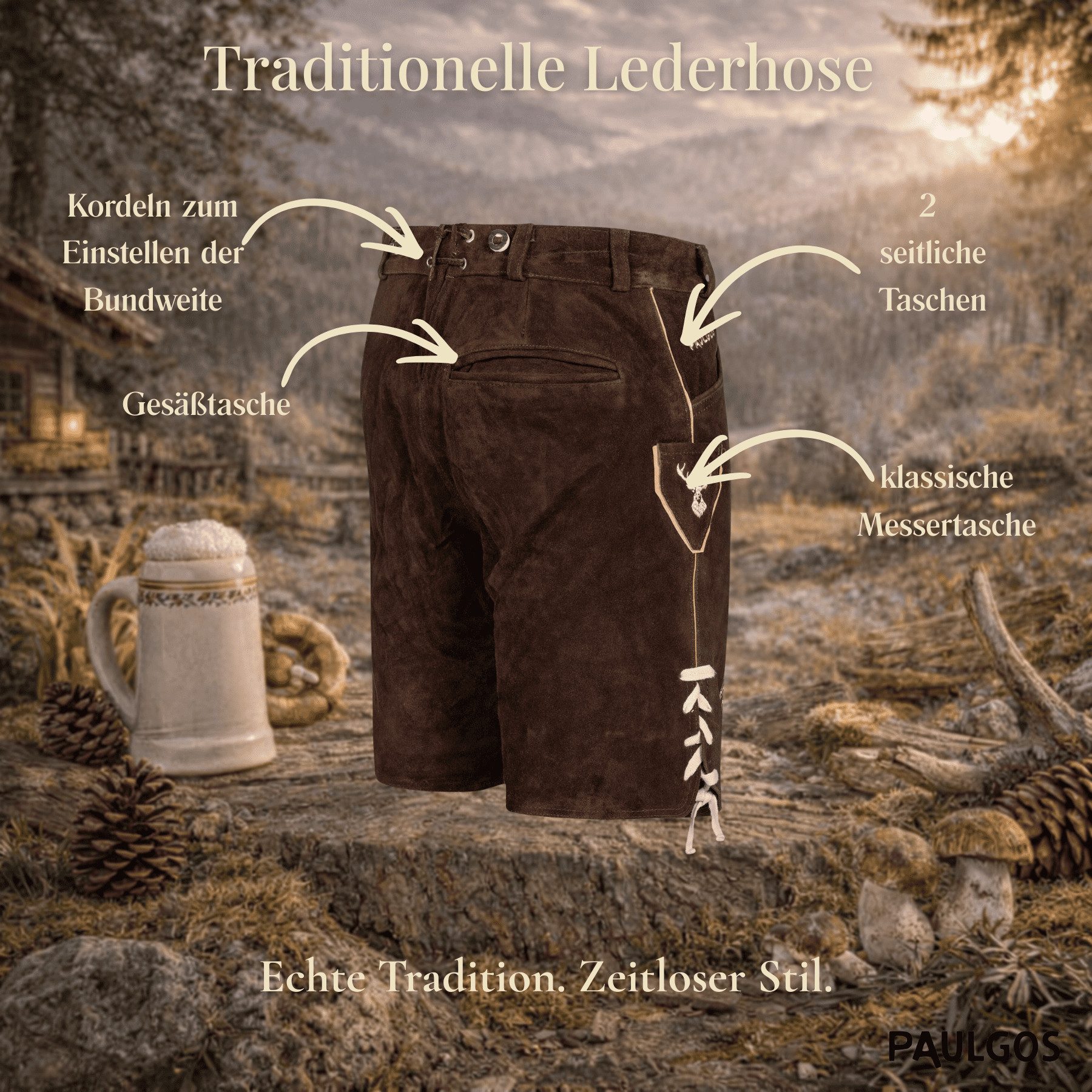 PAULGOS Trachtenhose Herren Lederhose Kurz mit Trägern 100% Echtleder - HK5 günstig online kaufen