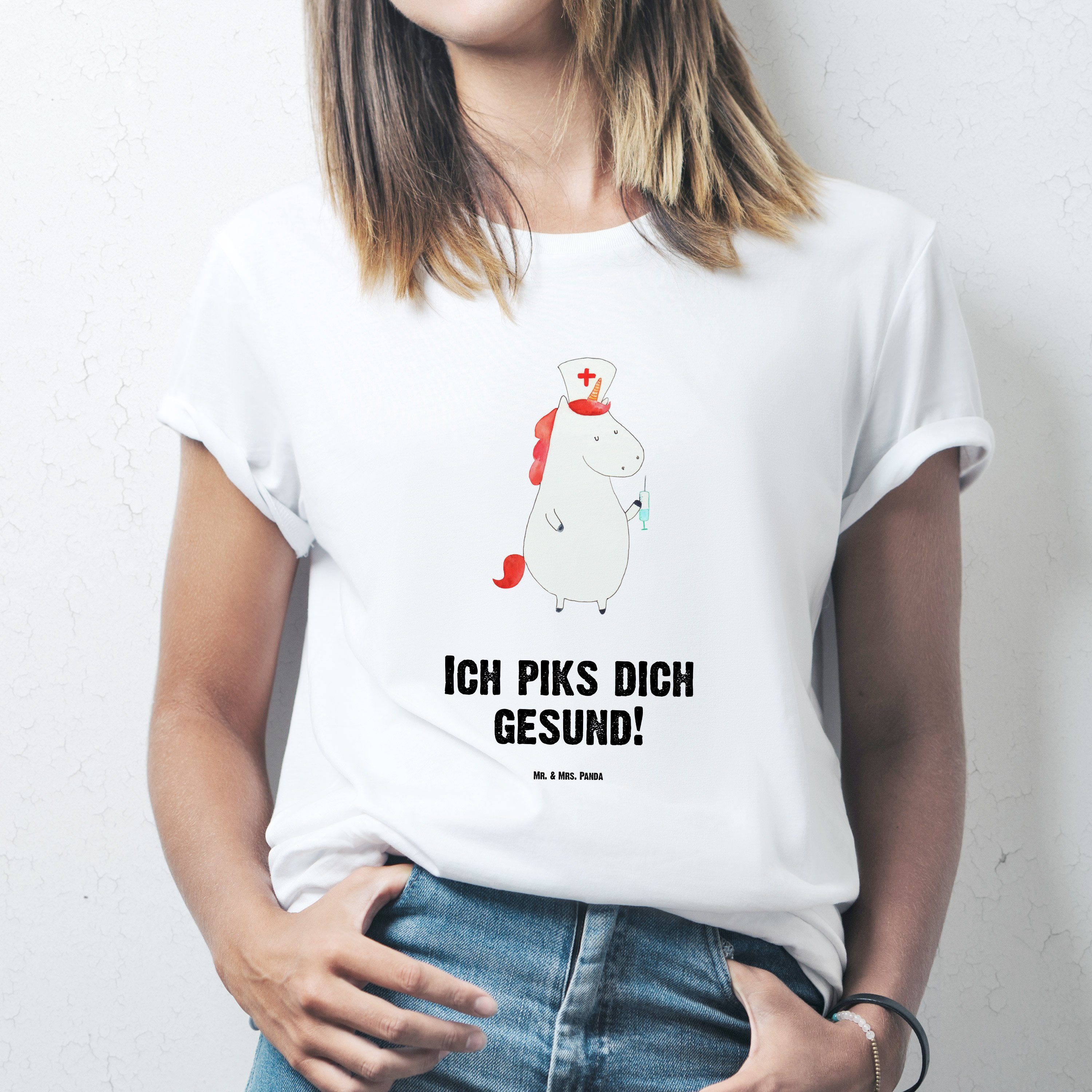 Mr. & Mrs. Panda T-Shirt Männe - Krankenschwester Pegasus, - Einhörner, Geschenk, Weiß Einhorn (1-tlg)