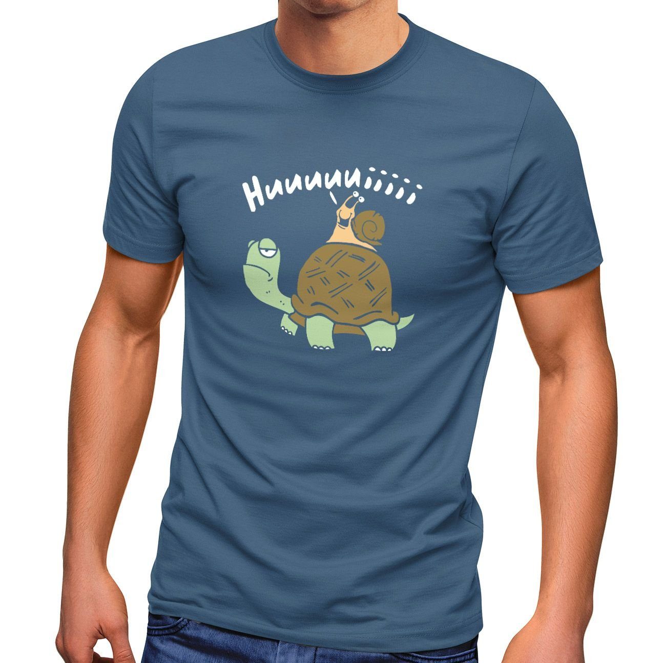MoonWorks Print-Shirt Herren T-Shirt Schildkröte Schnecke Huuuuiiii Lustig Witzig Scherz Comic Fun-Shirt Spruch lustig Moonworks® mit Print blau