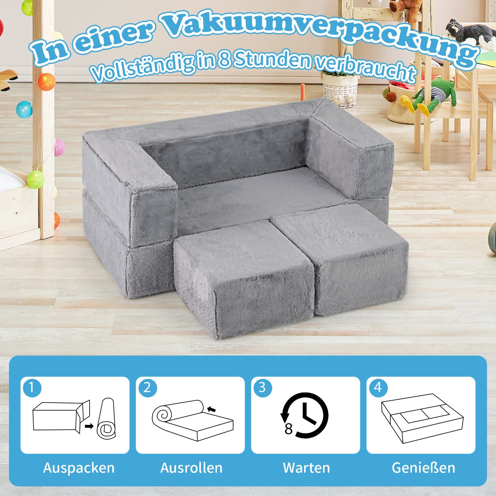 COSTWAY Kindersofa, Modulares Spielsofa für 2 Kinder, 100 x 52 x 42 cm
