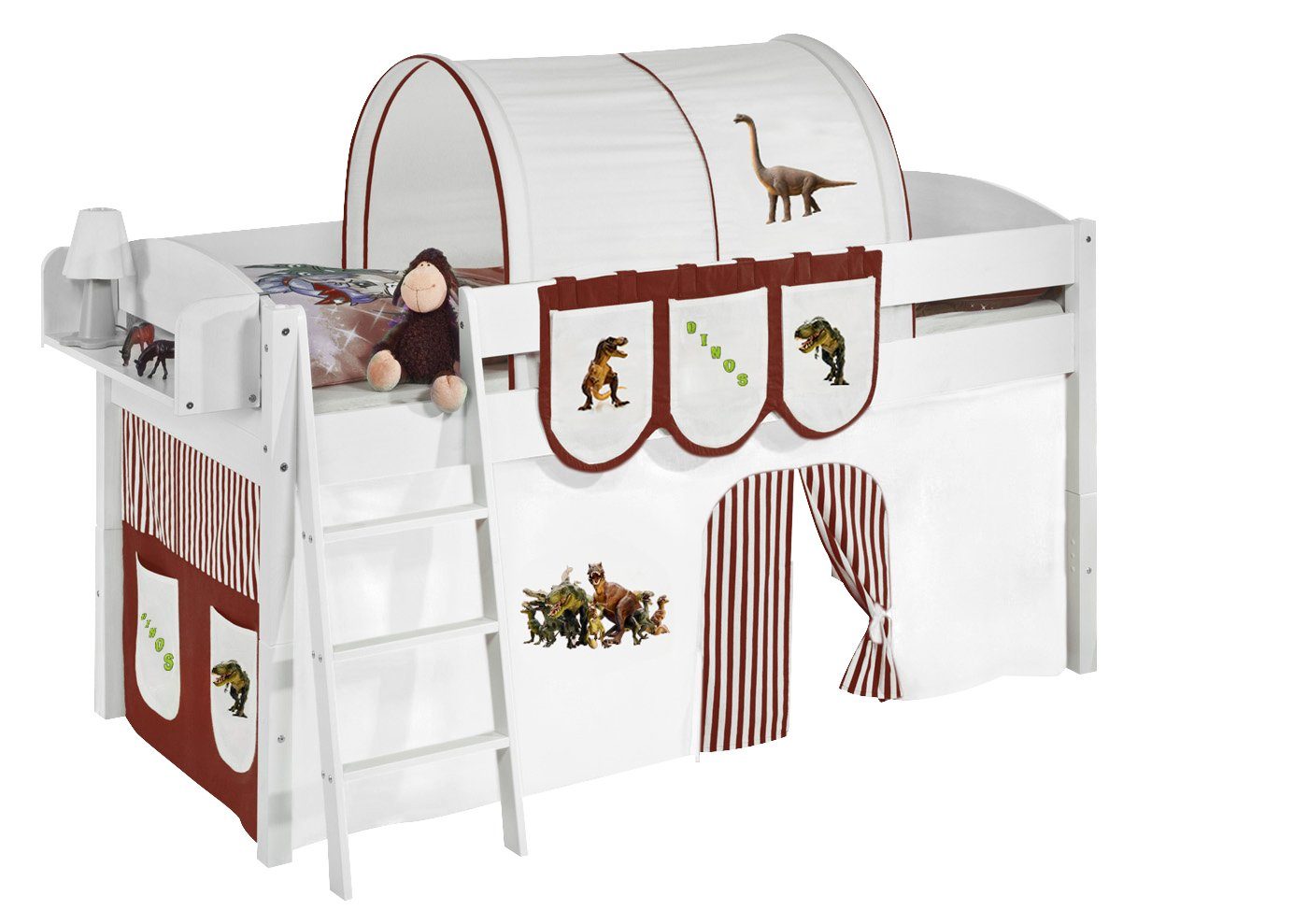 Lilokids Hochbett Spielbett IDA Dinos - Teilbares Systemhochbett weiß mit Vorhang umbaubar in Einzelbett, Hochbett oder L-Etagenbett