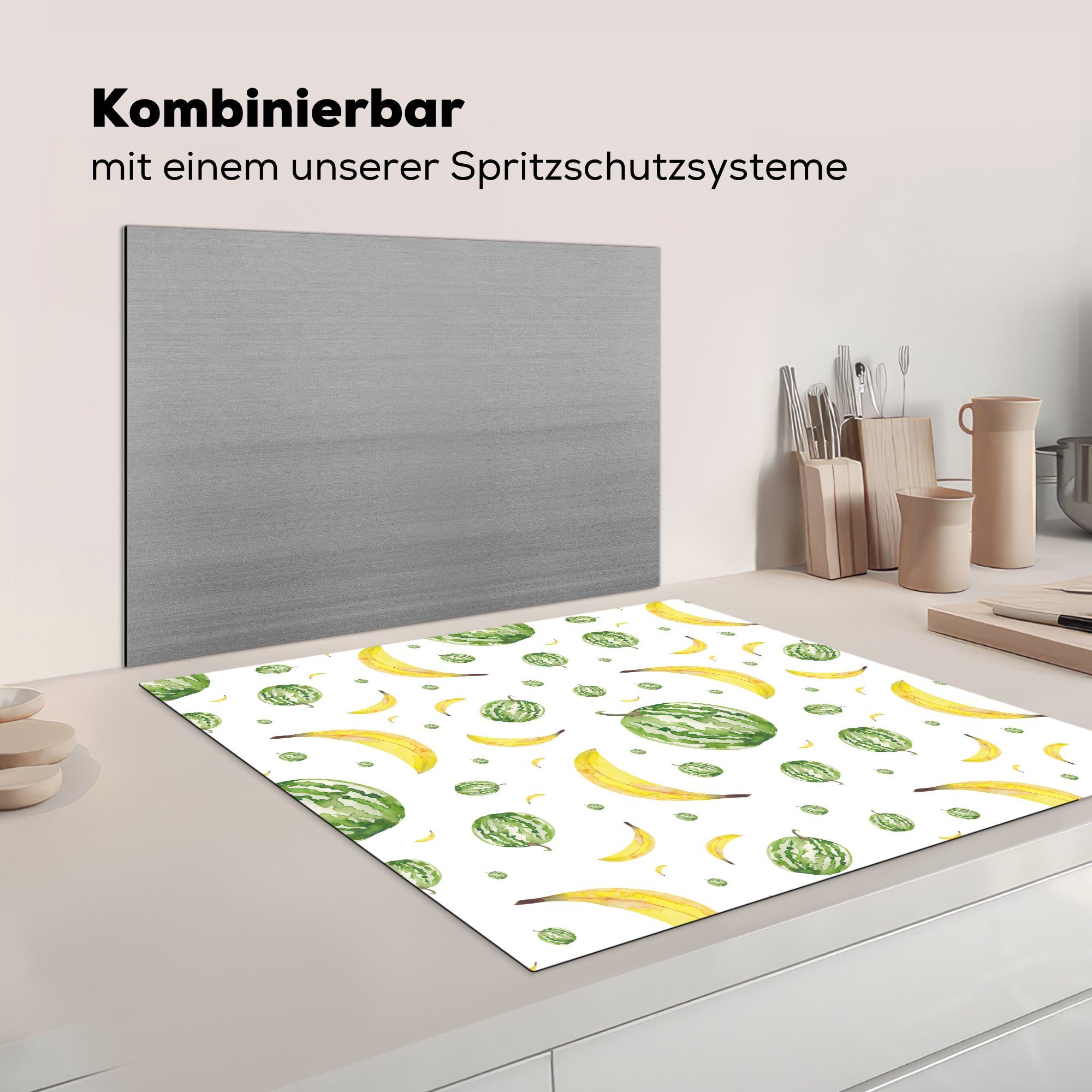 tlg), cm, 78x78 Herdblende-/Abdeckplatte Schablonen, küche Vinyl, MuchoWow Bananen für - Ceranfeldabdeckung, Arbeitsplatte - (1 Wassermelonen