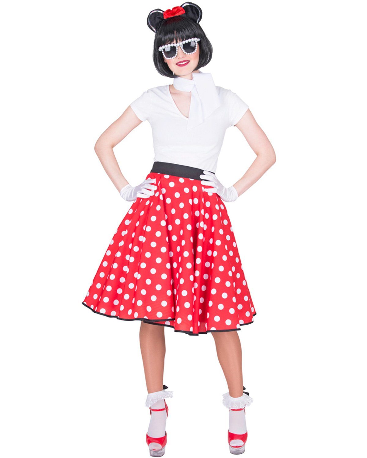 Funny Fashion Kostüm Retro Fifties Tellerrock mit Halstuch - Rot Weiß, Maus Kostüm, Mit Halstuch