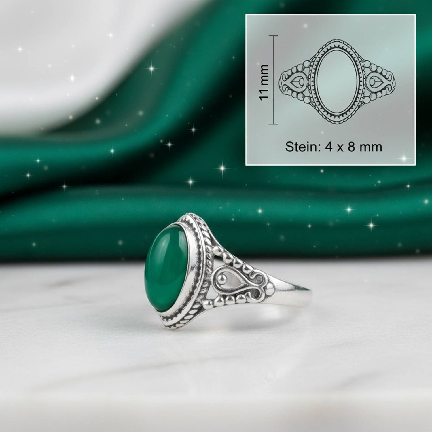 mantraroma Silberring MERANDAL aus 925 Silber mit grünen Onyx (Ring mit Schmuckbeutel), Damenring aus 925er Silber