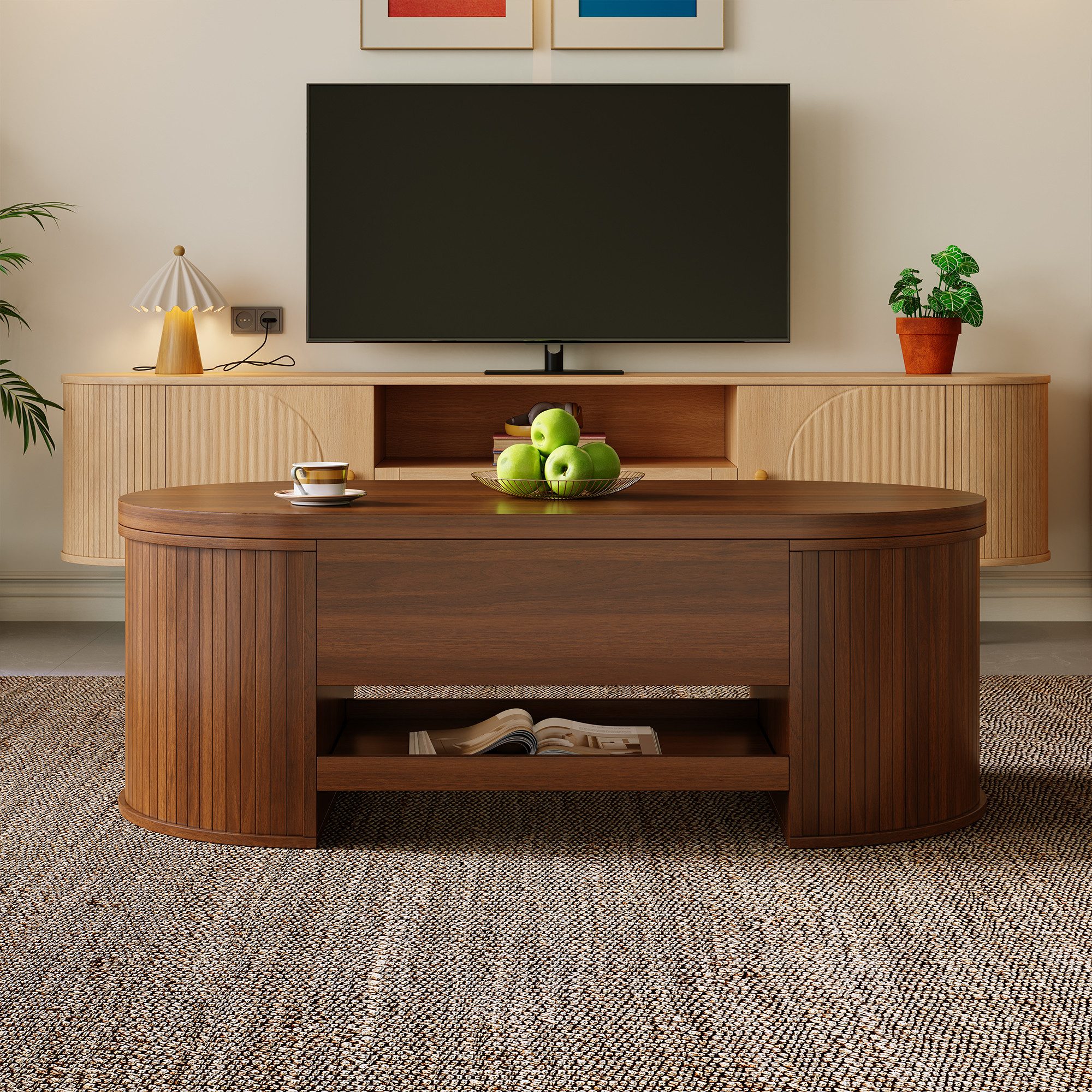 Merax Couchtisch höhenverstellbar Sofatisch Beistelltisch mit gebogenen Holzseiten (1-St., 110x55,5x40 cm), Wohnzimmertisch mit ausziehbaren Regalen und verstecktem Stauraum